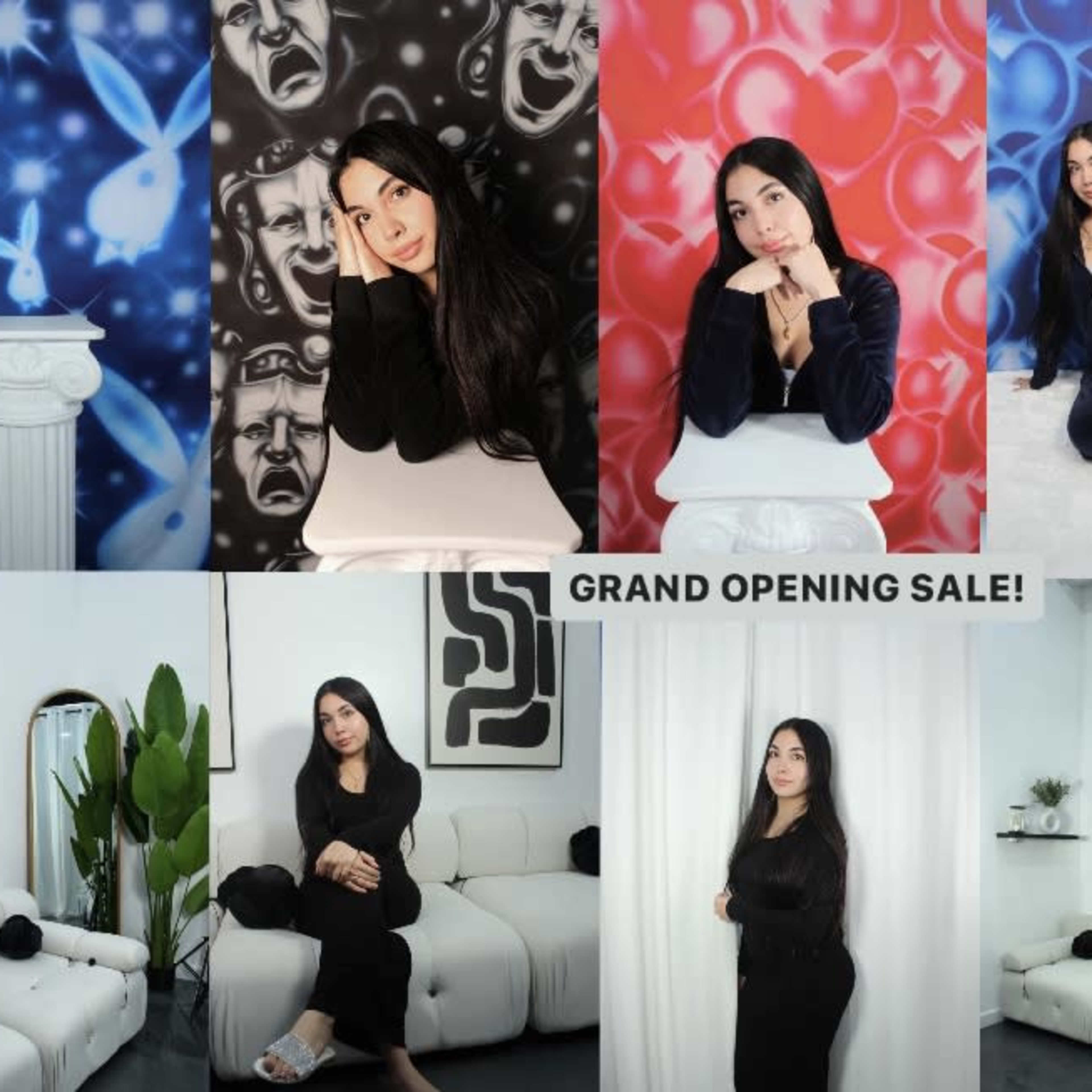 A woman poses in various settings featuring colorful, themed backdrops and modern furniture, promoting a grand opening sale.