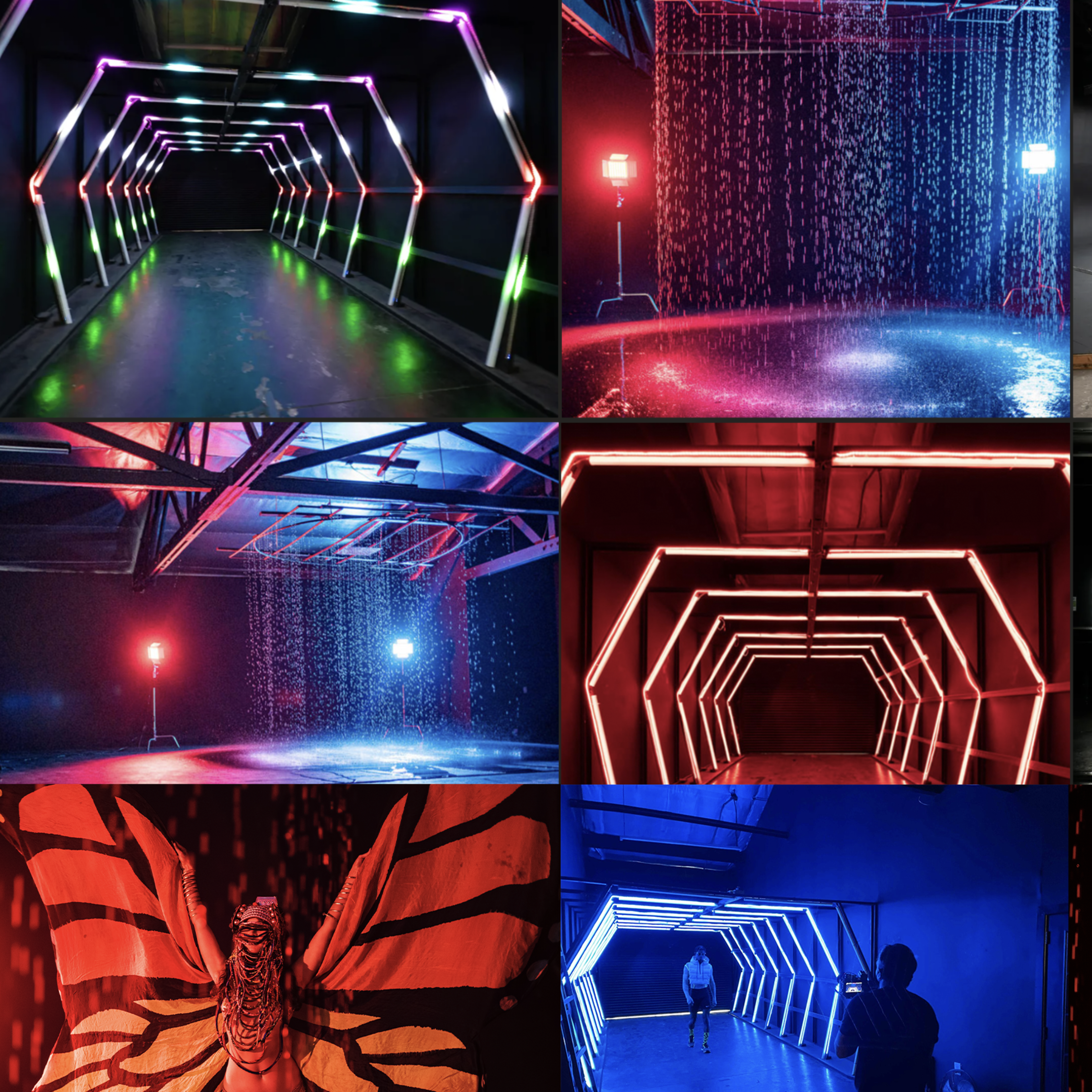 A grid of nine scenes featuring various modern lighting setups, including illuminated hexagonal corridors, water features with cascading lights, and performance spaces with colorful backdrops.