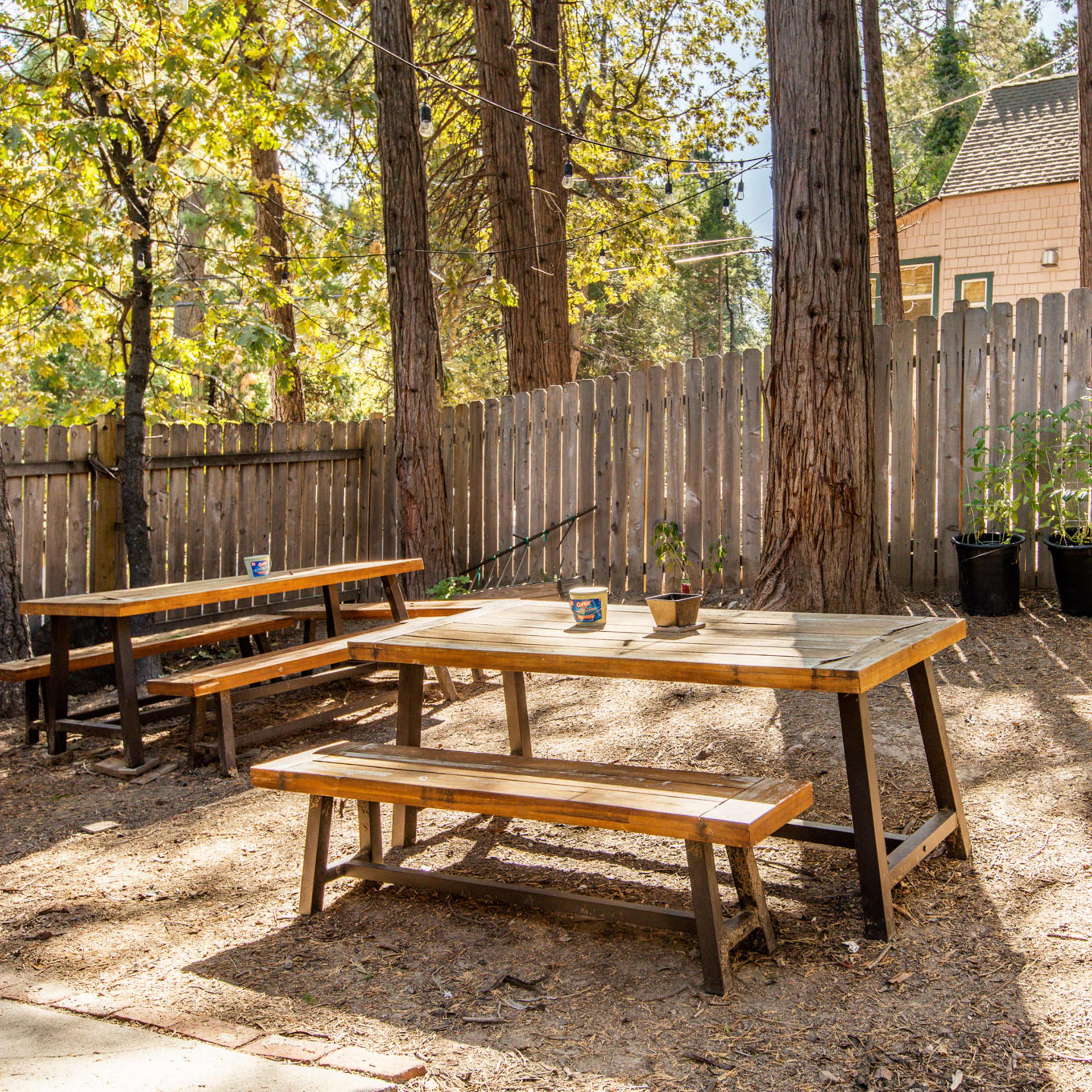 A wooden picnic table is surrounded by benches in a backyard shaded by tall trees and enclosed by a wooden fence.