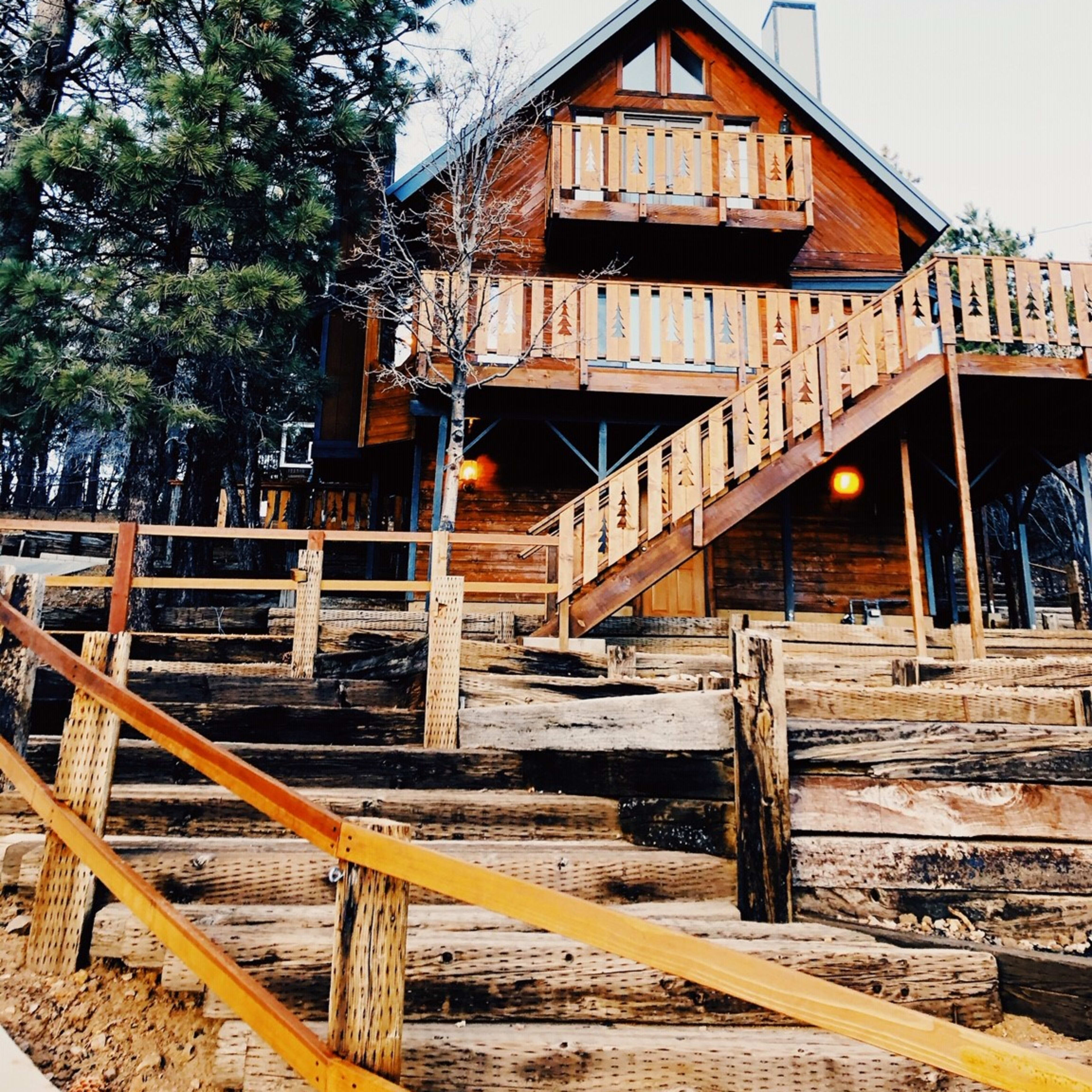 A two-story wooden cabin with a balcony is situated among pine trees, accessed by a staircase made of wooden beams.