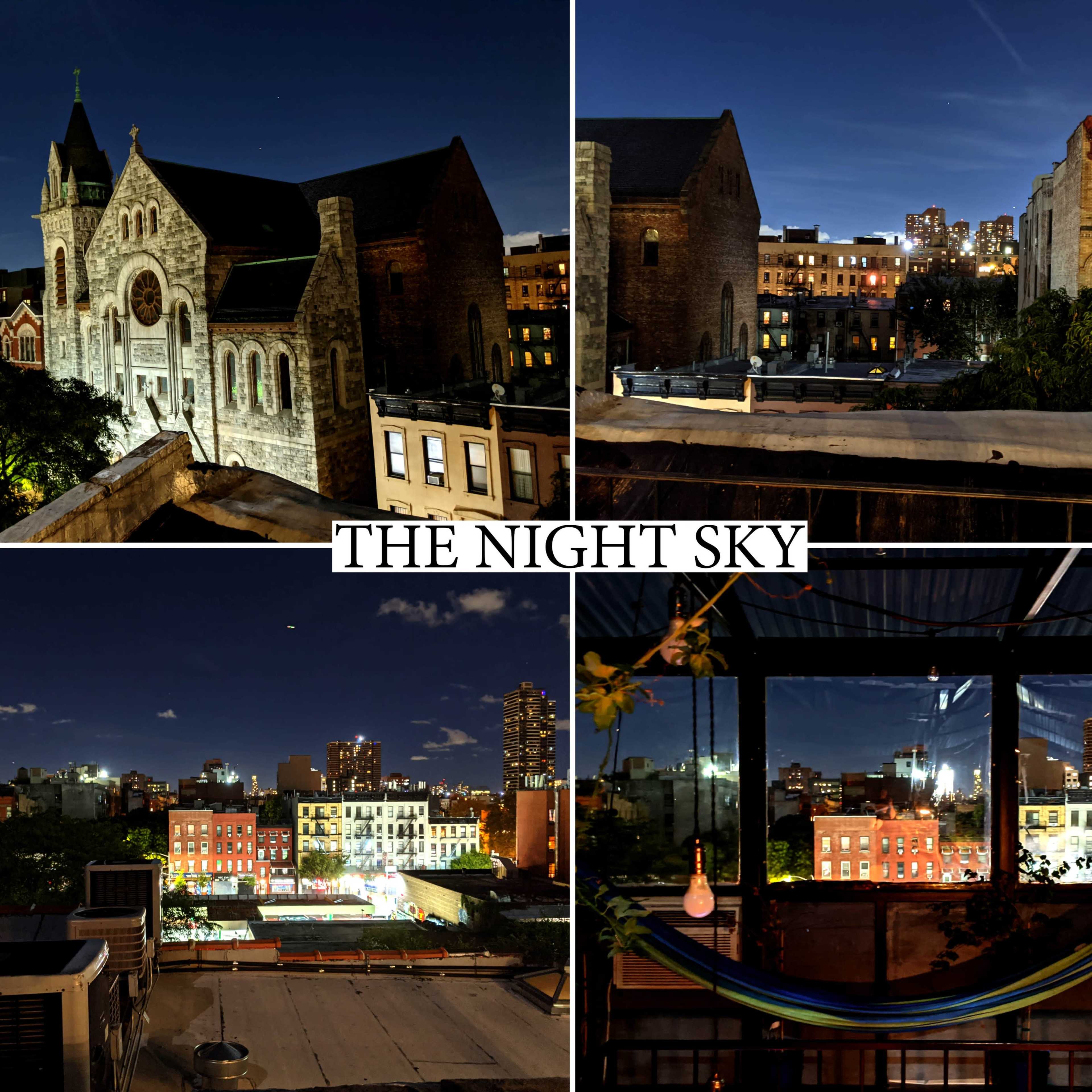 A nighttime cityscape featuring rooftops, a church, and buildings illuminated against a dark sky.