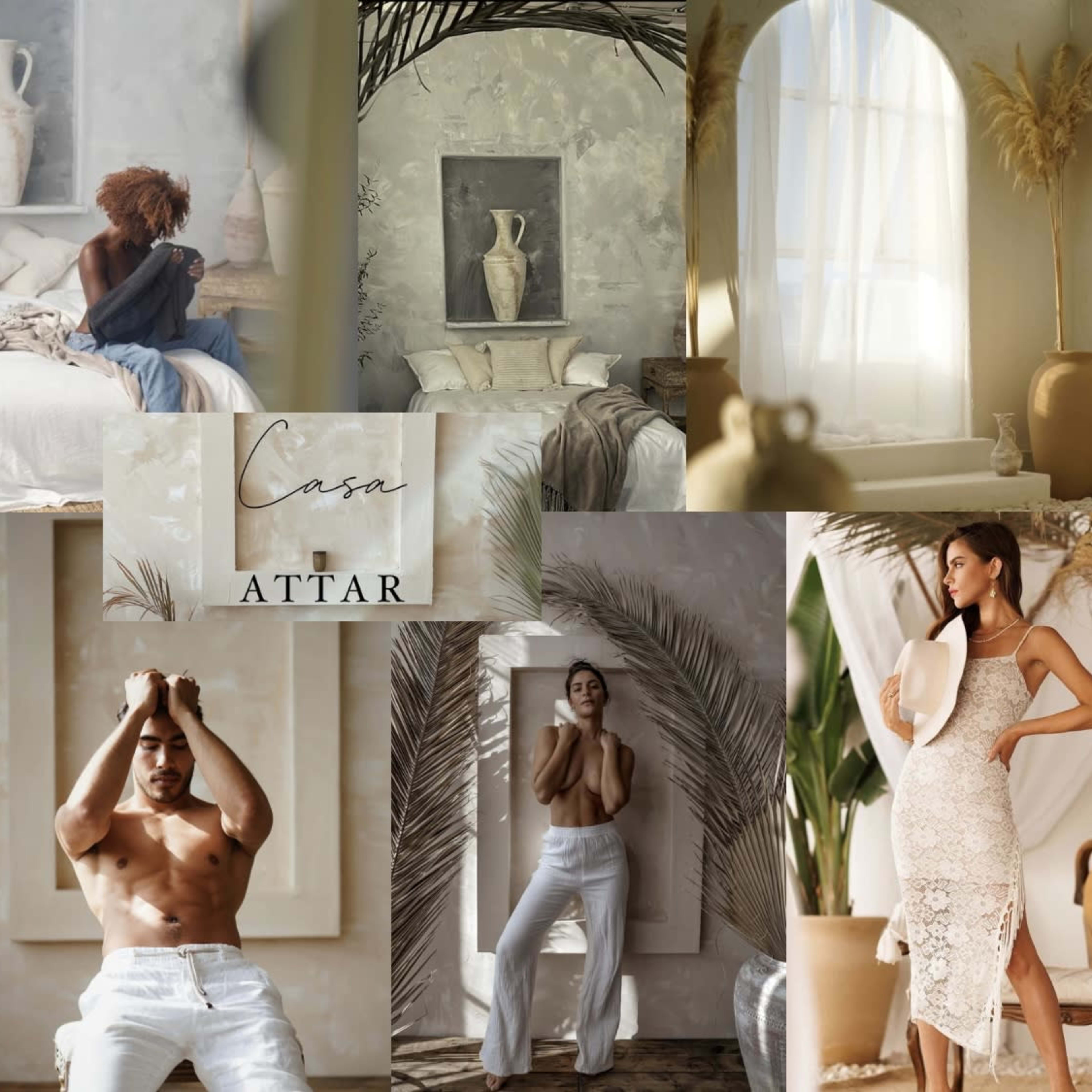 A collage of stylish models and interior design elements, showcasing fashion garments and elegantly arranged living spaces with neutral tones and decorative vases.