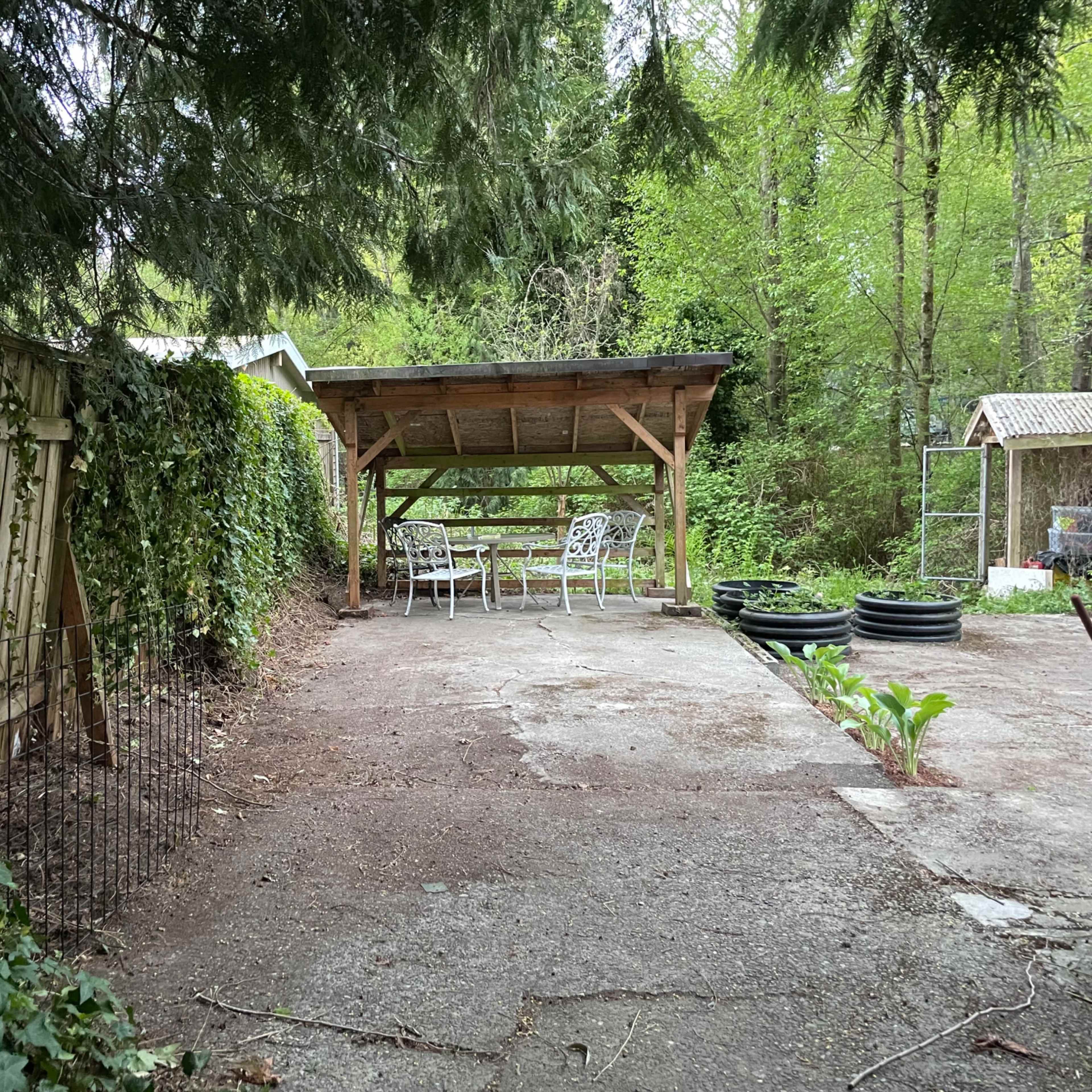 A gravel area in a wooded garden featuring a covered seating space with white metal chairs and tables, surrounded by greenery and fencing.
