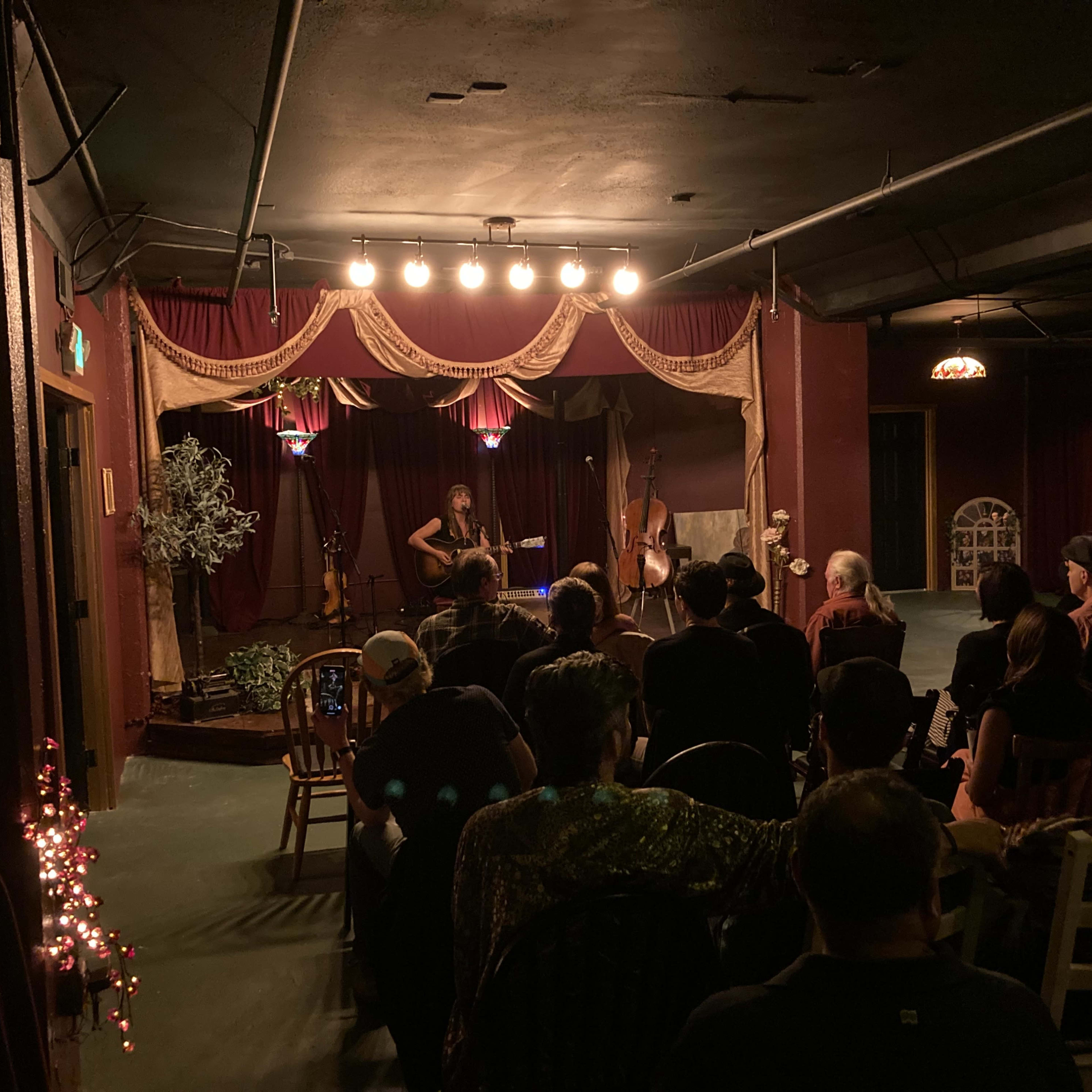 A musician performs on stage in a dimly lit venue while an audience watches from their seats.