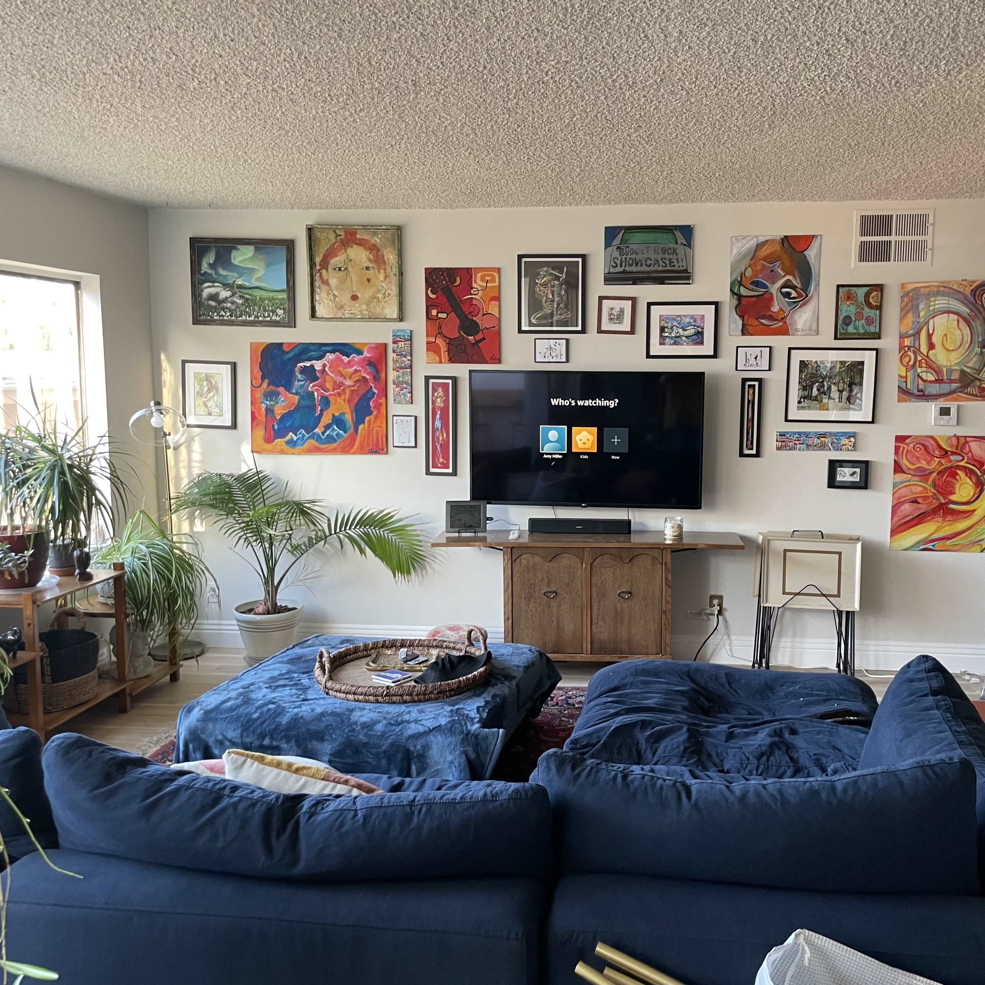 The living room features a large blue sectional sofa, a television mounted on the wall surrounded by various framed artworks, and several potted plants in the sunlight.