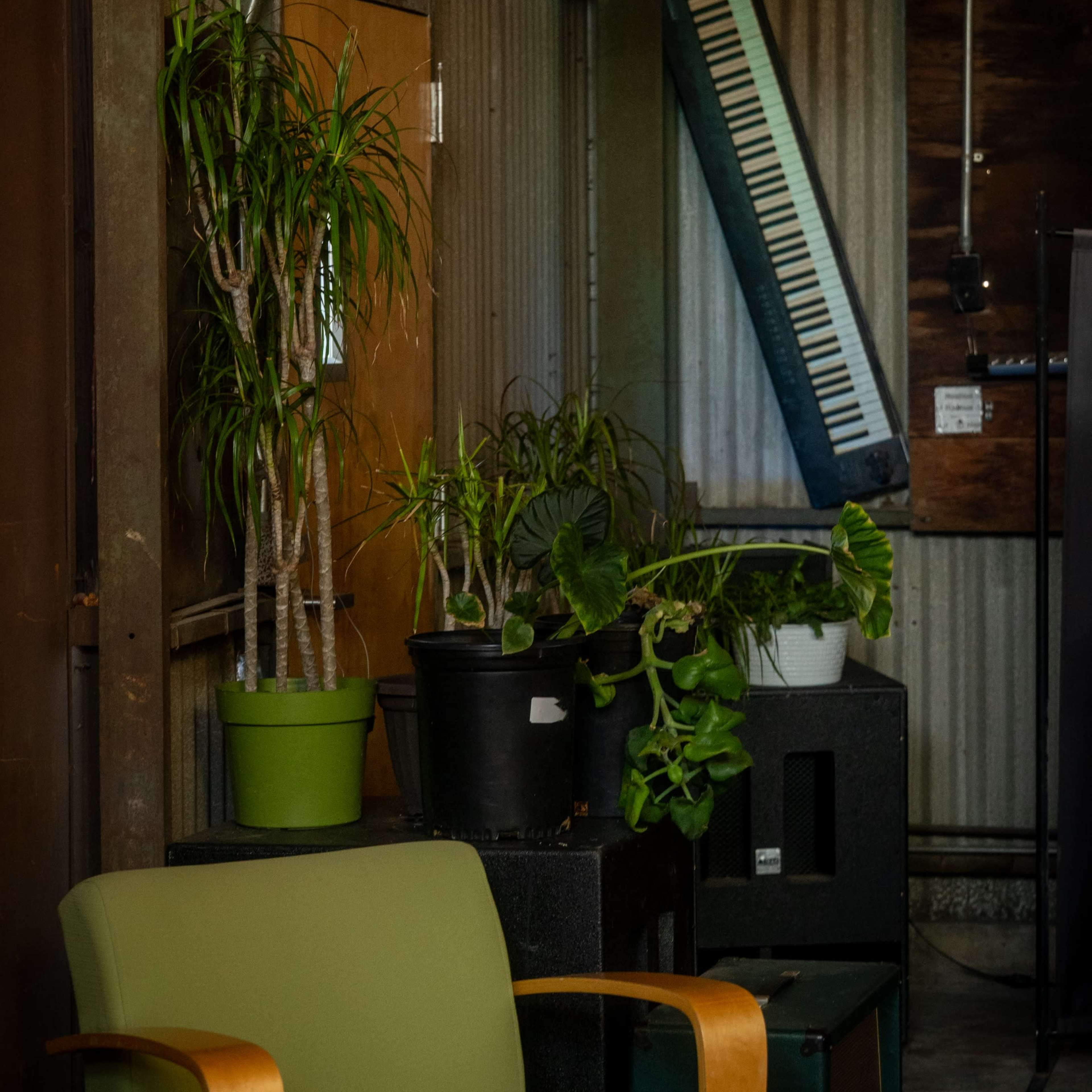 A green armchair is positioned next to potted plants and a wall-mounted keyboard in an industrial-style room.