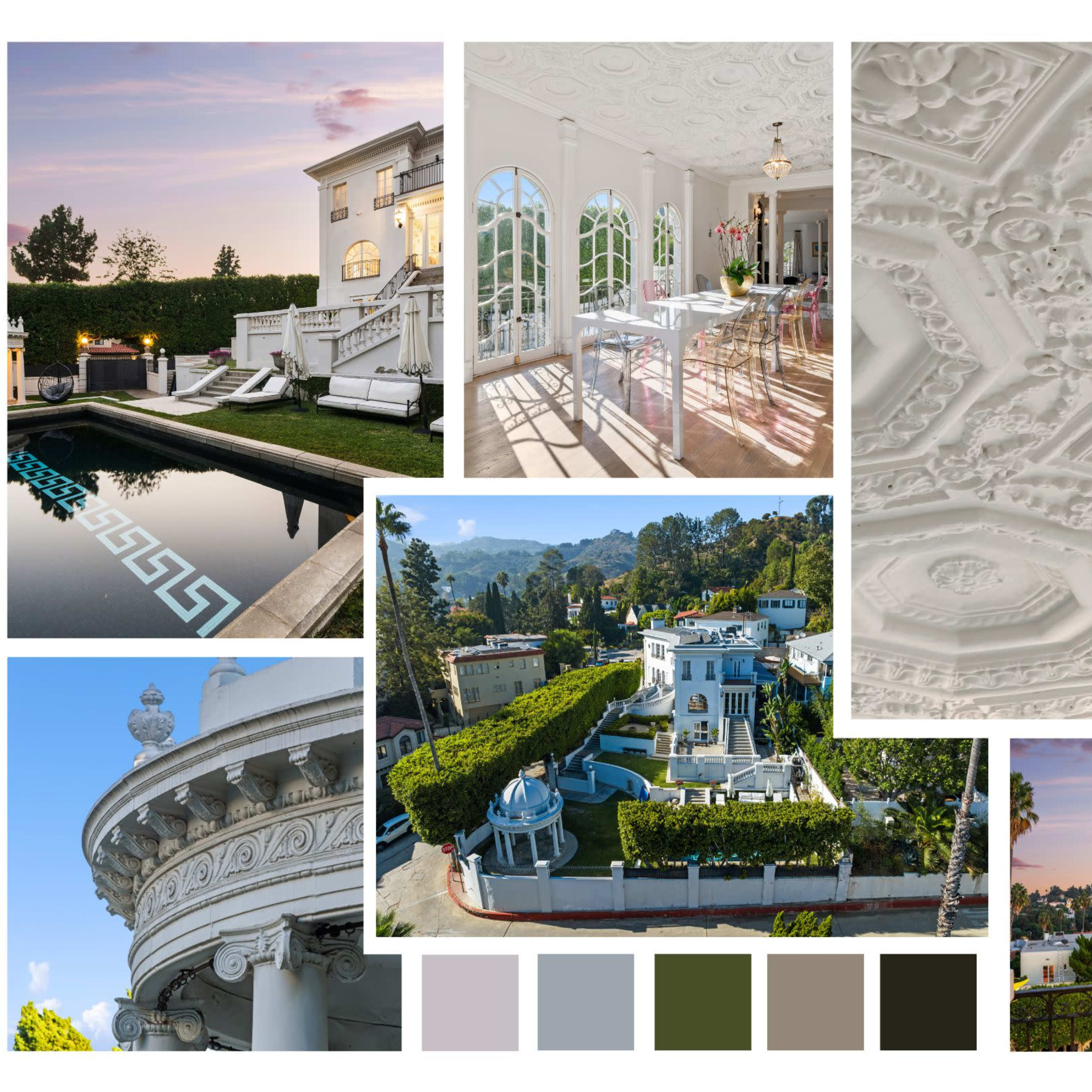 A luxurious mansion surrounded by landscaped gardens, a swimming pool, and intricately designed interiors with detailed ceilings.