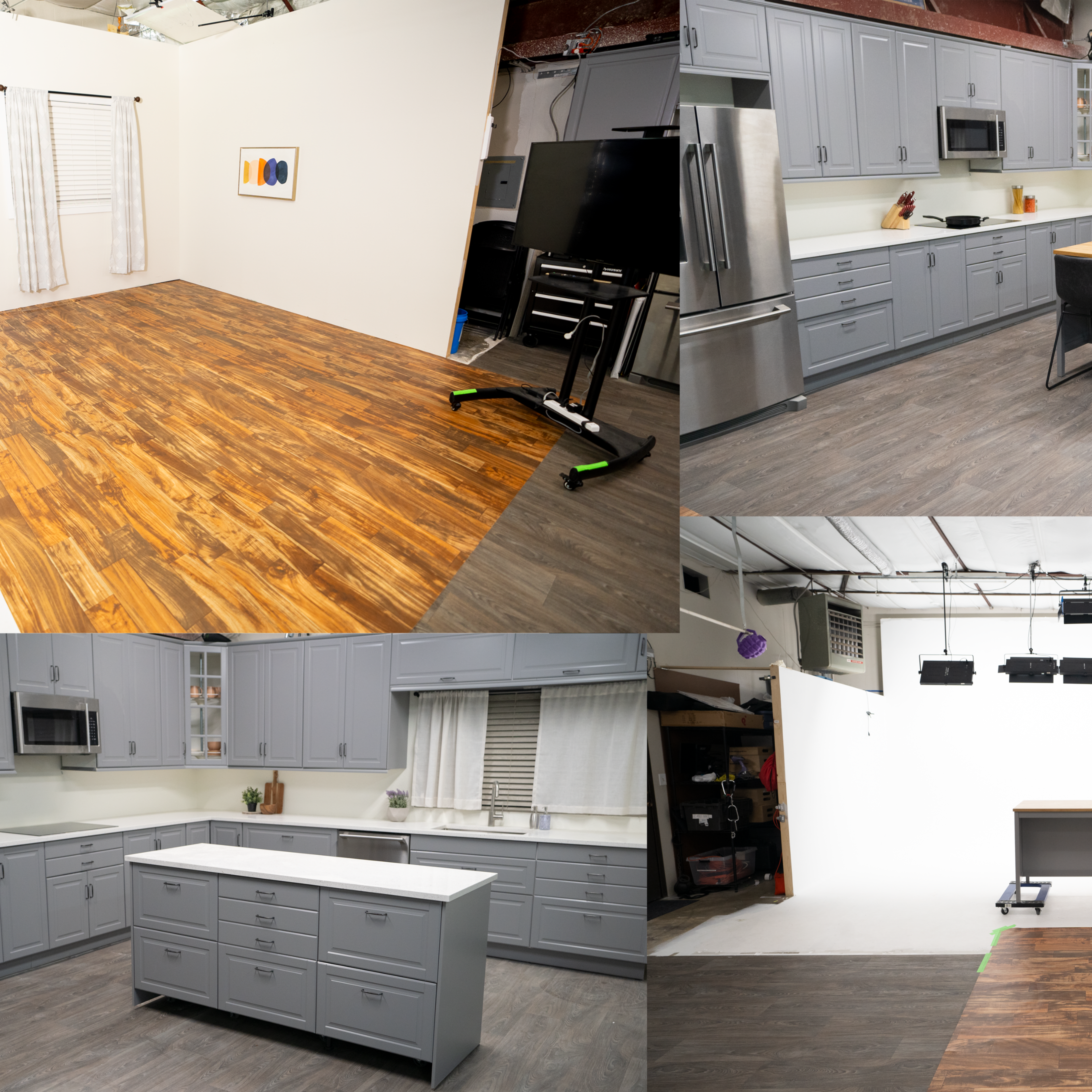 A modern kitchen setup with gray cabinets, hardwood flooring, and various layouts featuring a central table and empty space for filming.