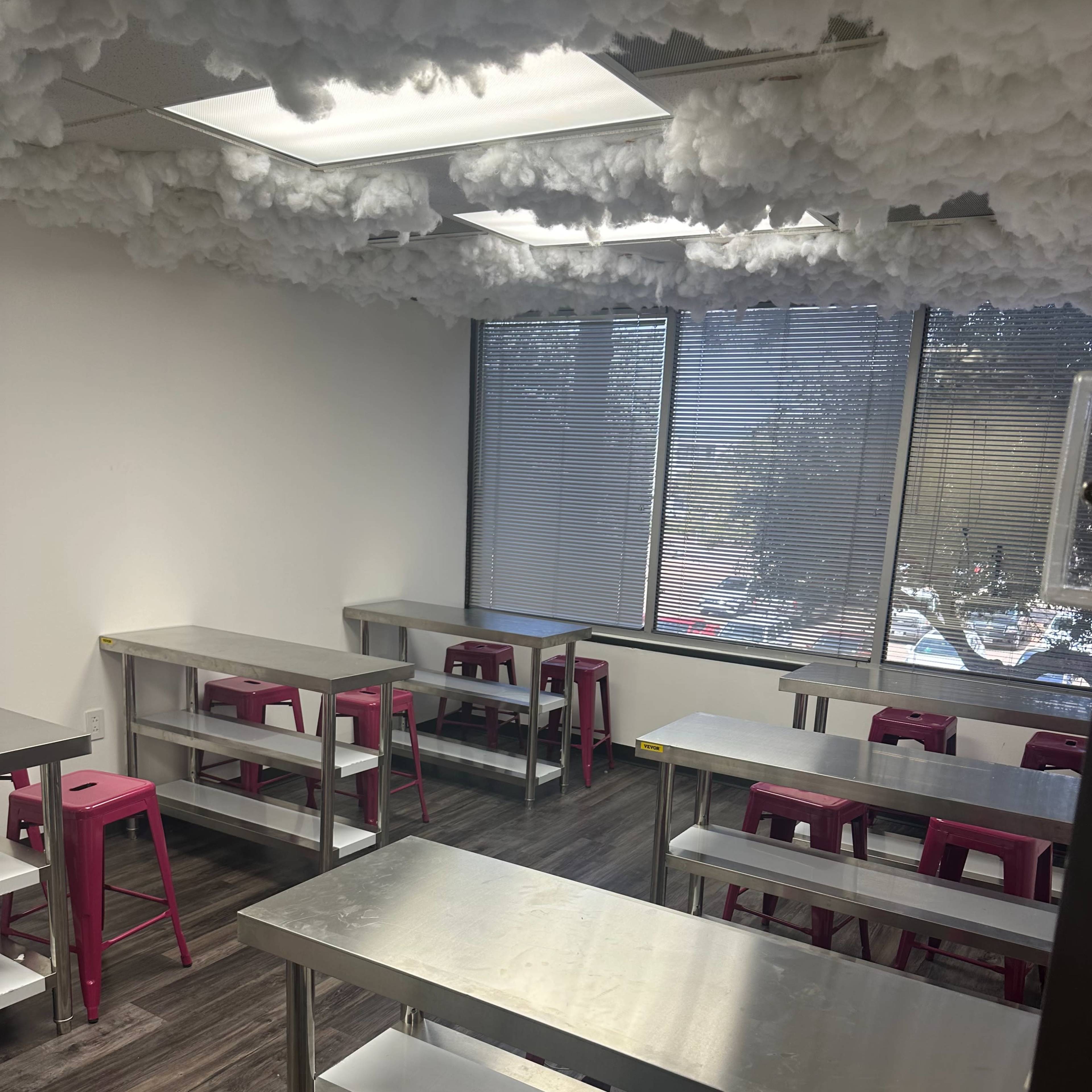 A classroom with stainless steel tables and pink stools, under a cloud-like ceiling, and large windows letting in natural light.