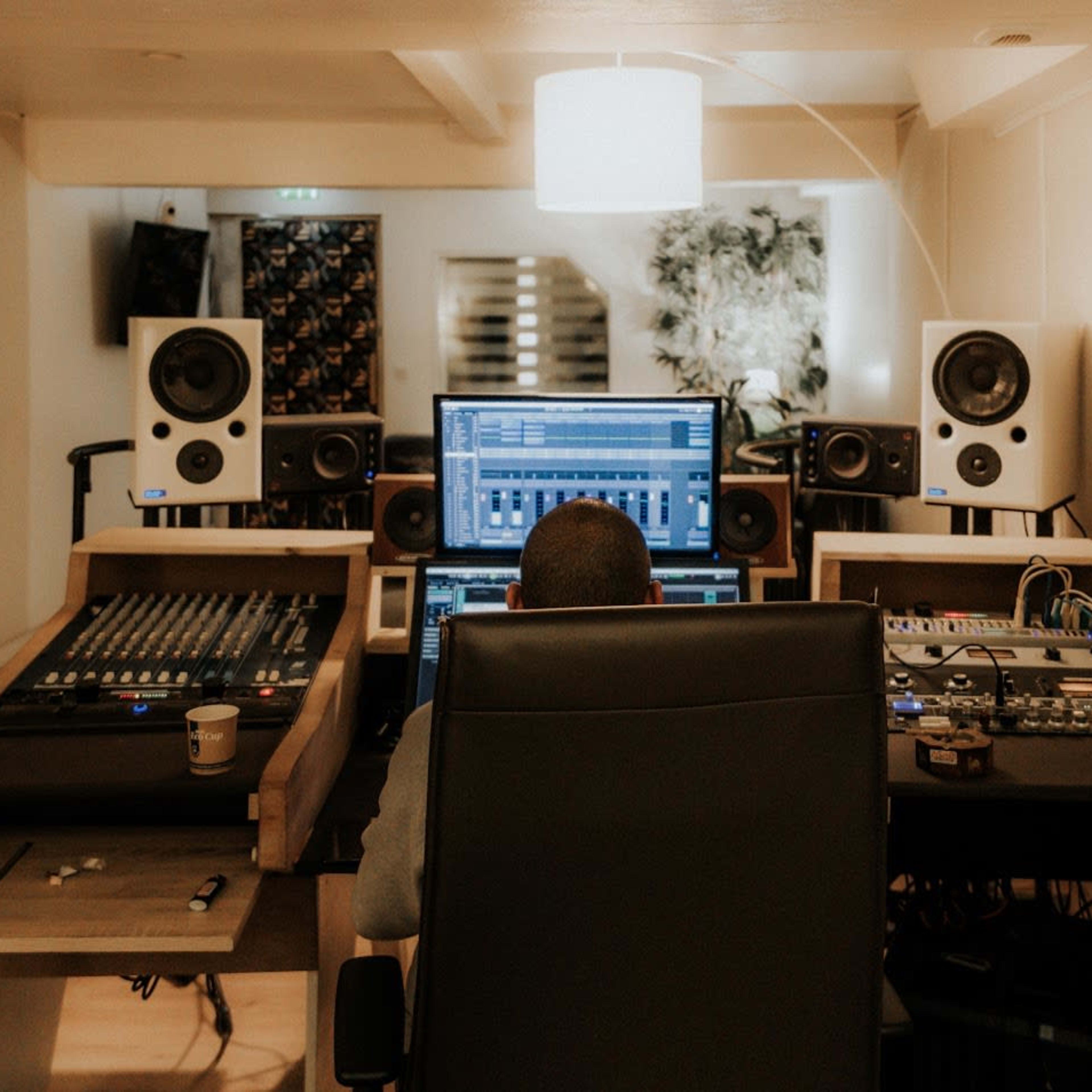 A person sits in a recording studio surrounded by audio equipment, monitors, and mixing consoles while working on a computer.