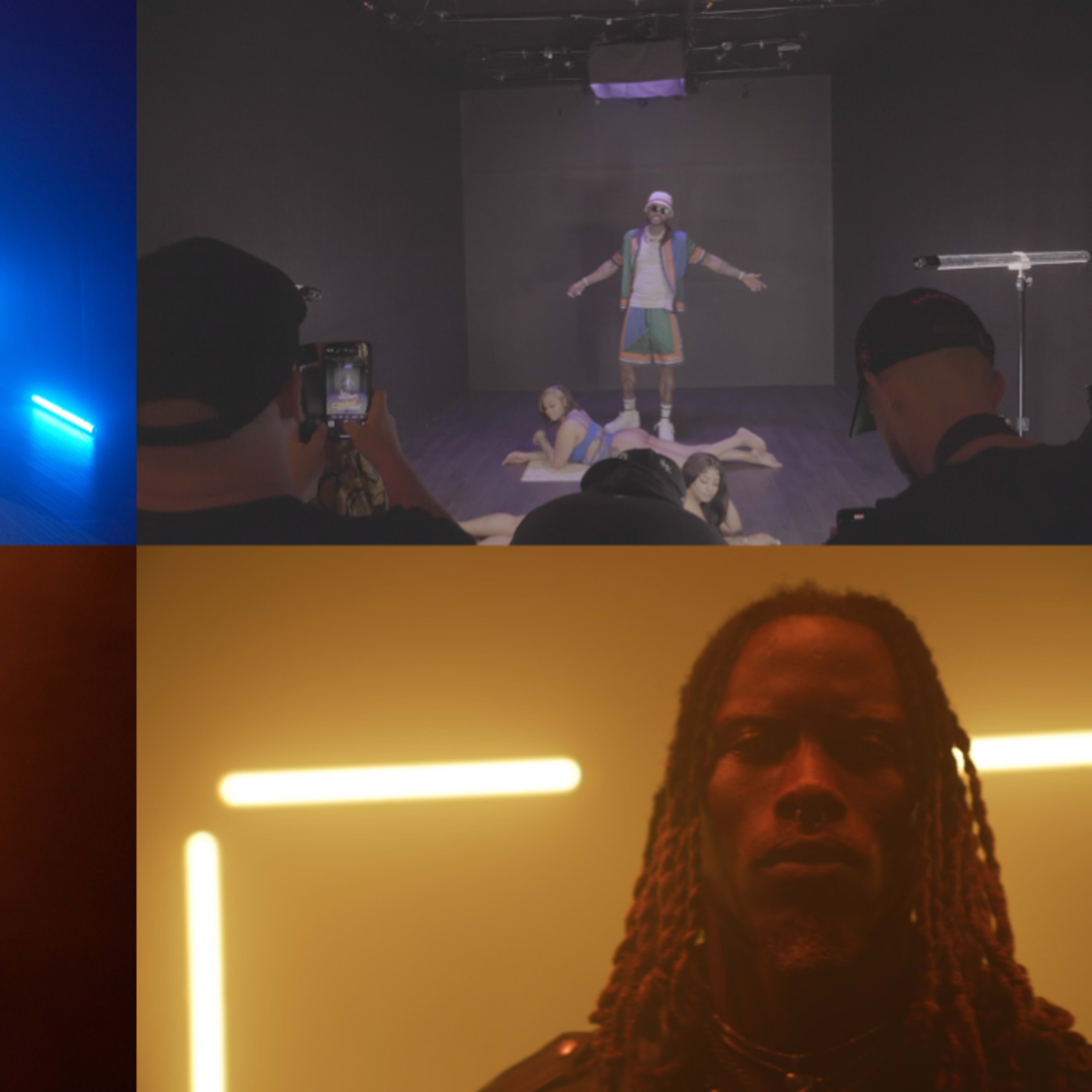 Four distinct scenes: a dancer performing in a spotlight, a male performer on stage surrounded by people, a person with long hair in a dark environment, and an artist illuminated by yellow light.