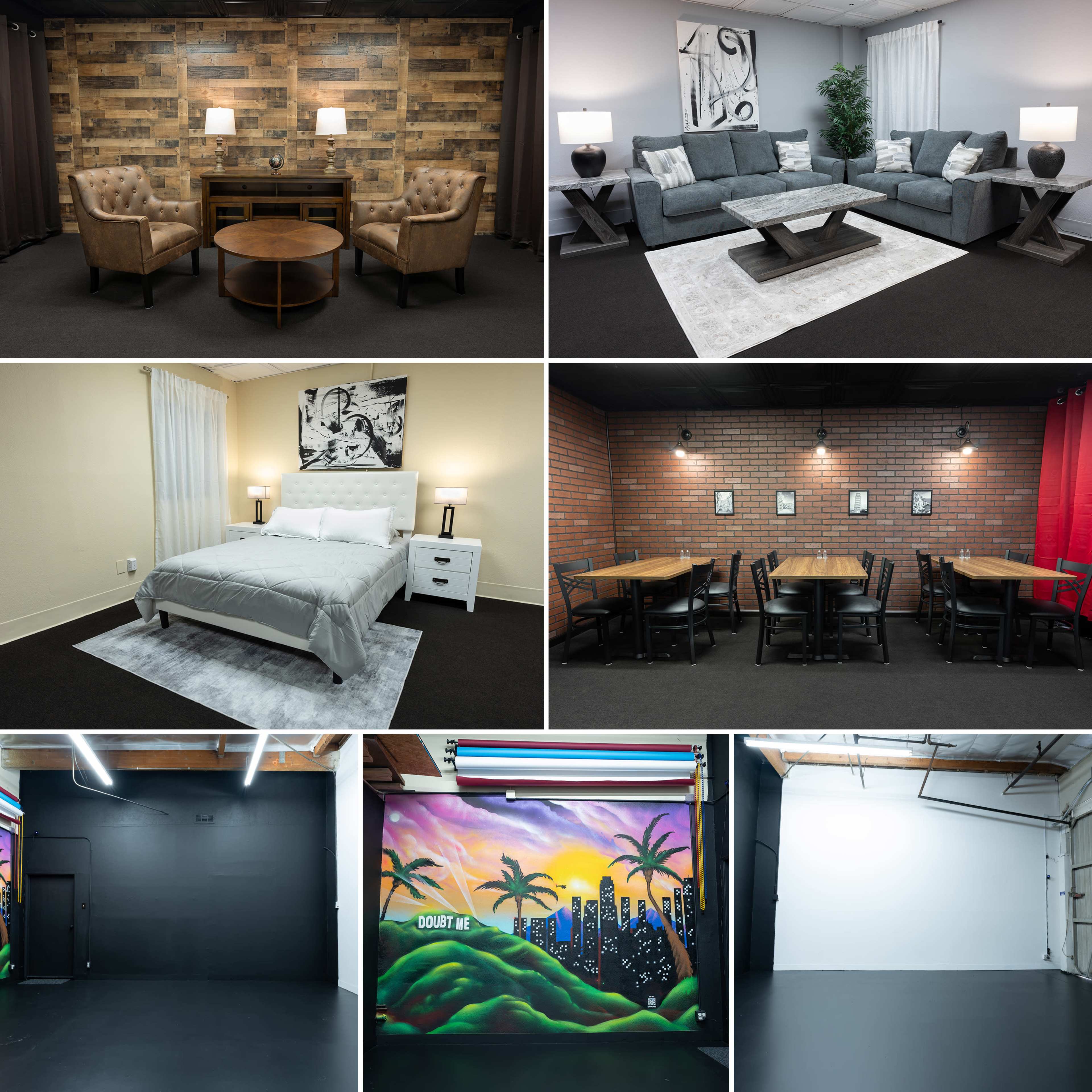 A collection of interior spaces including a living room, a bedroom, a dining area, and various blank walls, showcasing different styles such as modern, minimalist, and rustic design.