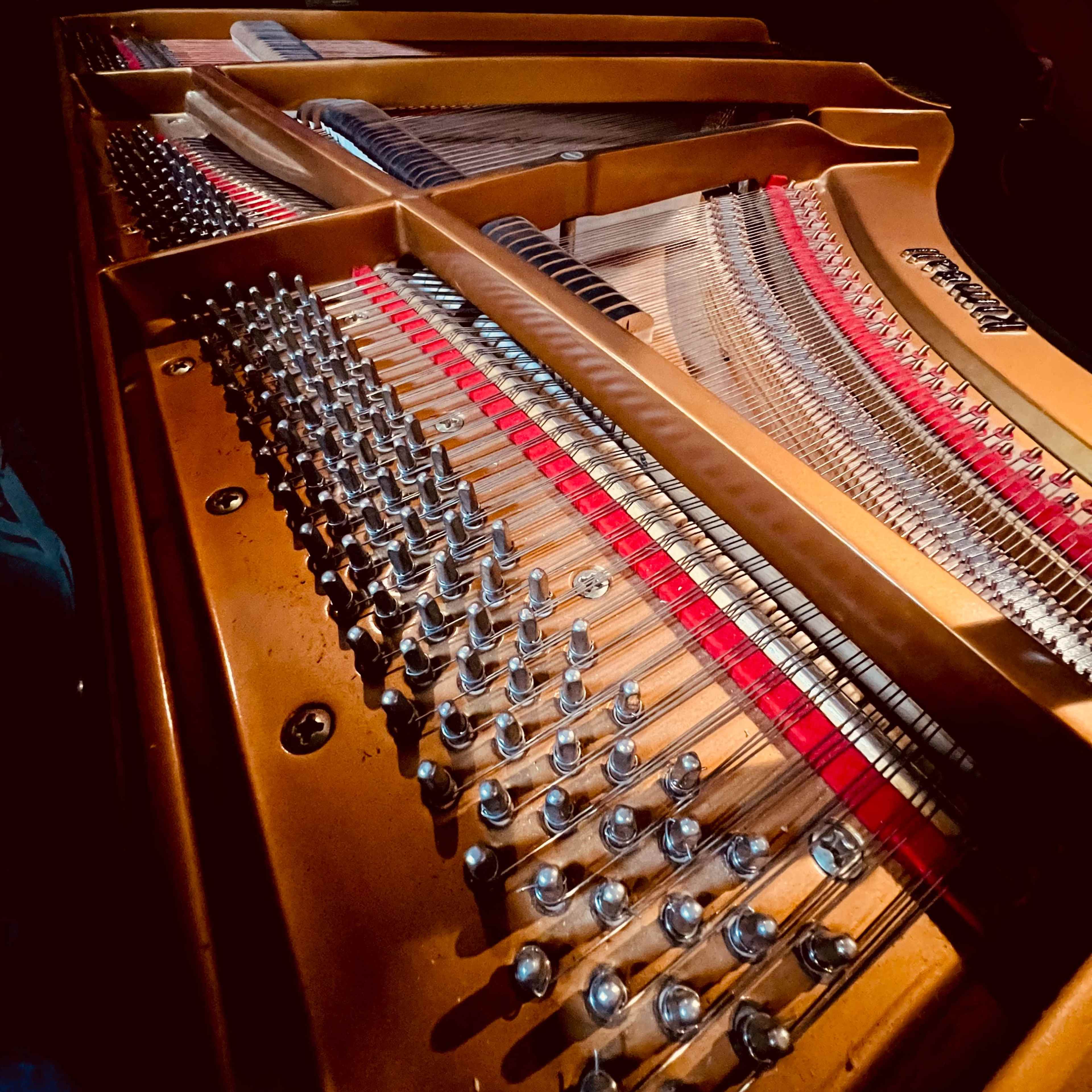 The interior mechanics of a grand piano, highlighting the strings and tuning pins.