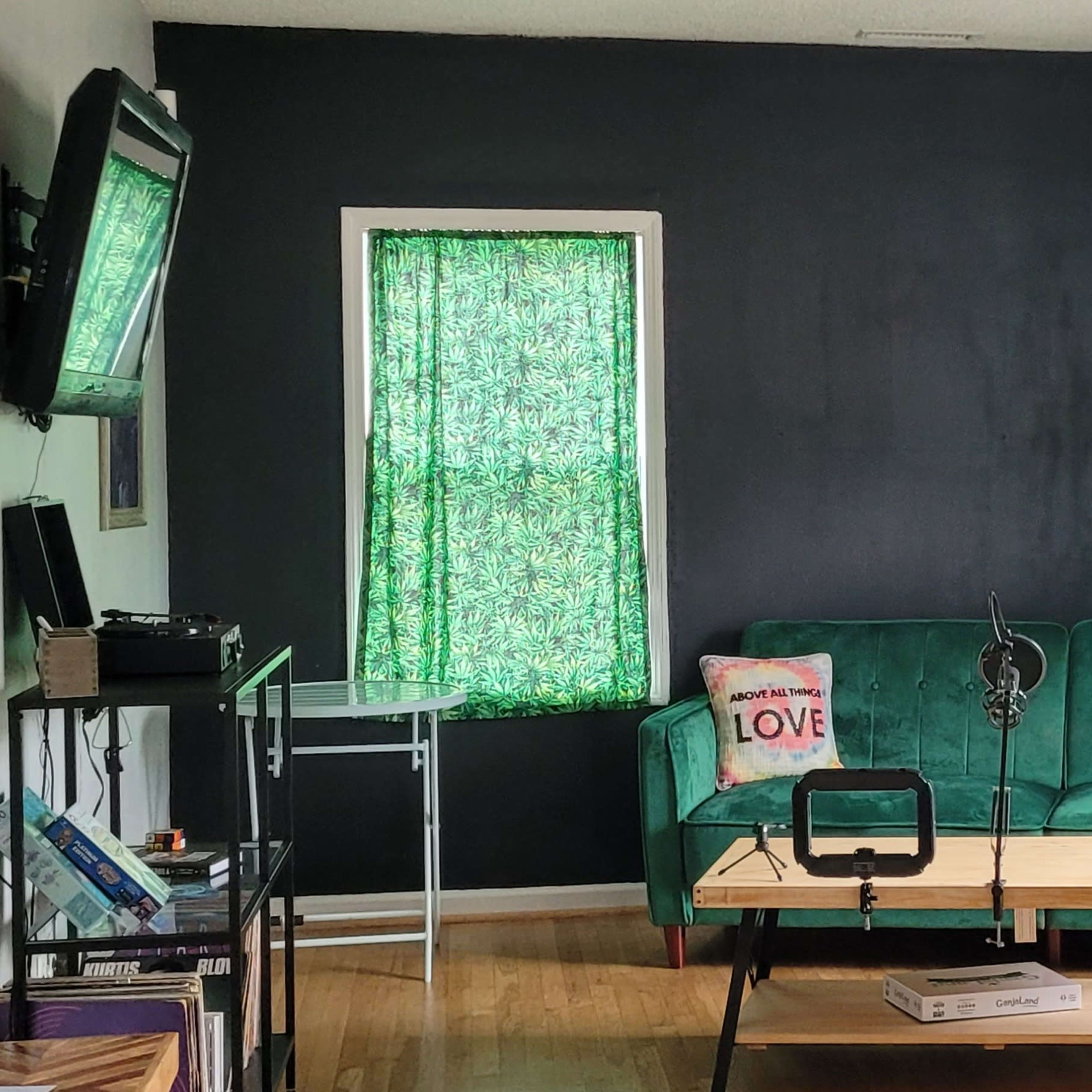 A living room with a green couch, a wooden coffee table, a microphone setup, and a large window with a green curtain.