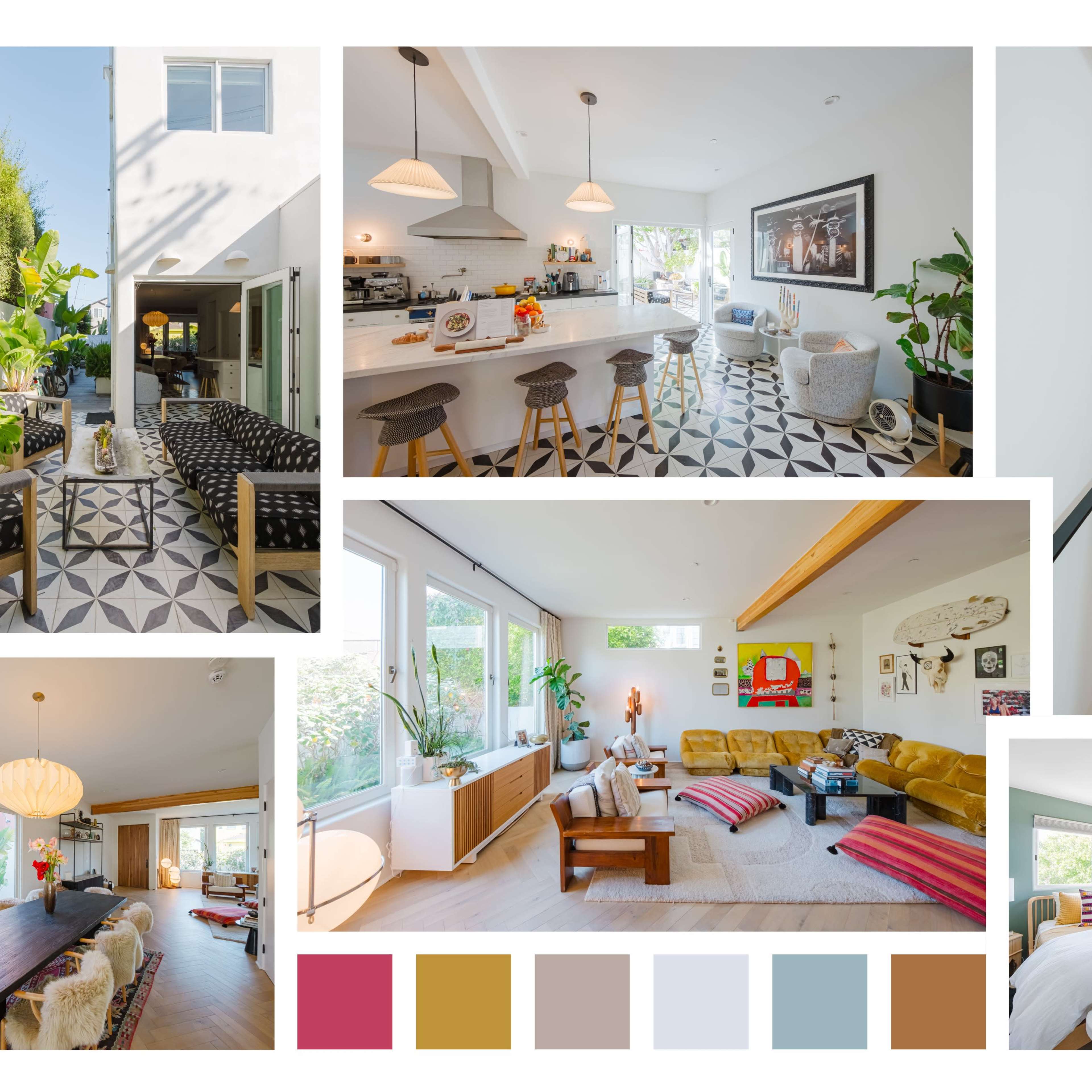 Various interior spaces of a modern home, showcasing a kitchen, living room, staircase, and other areas with distinct decor and color schemes.