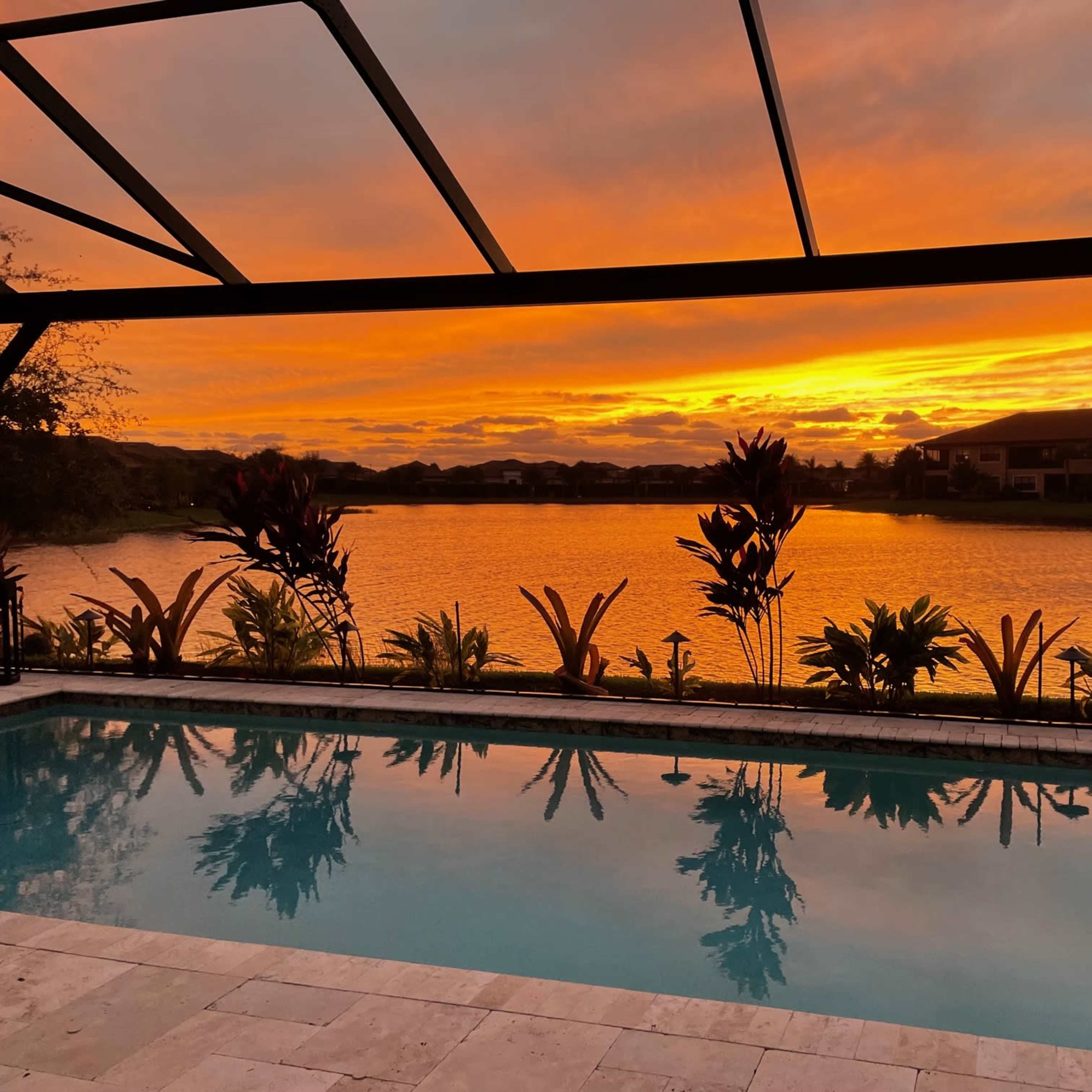 A pool surrounded by plants, with a vibrant sunset reflected in the water and a lake beyond.