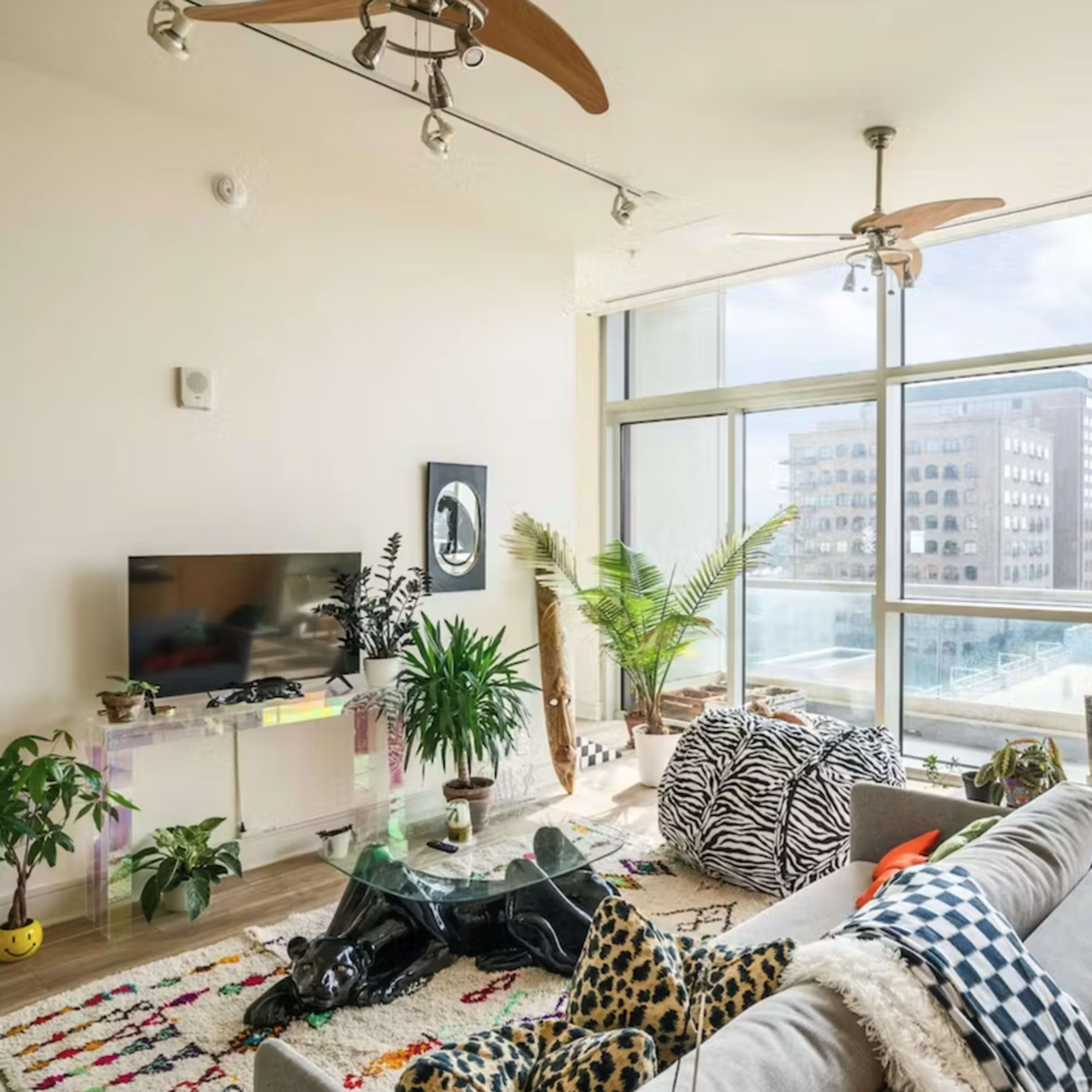 A modern living room features large windows with city views, a sofa, a decorative rug, and indoor plants.