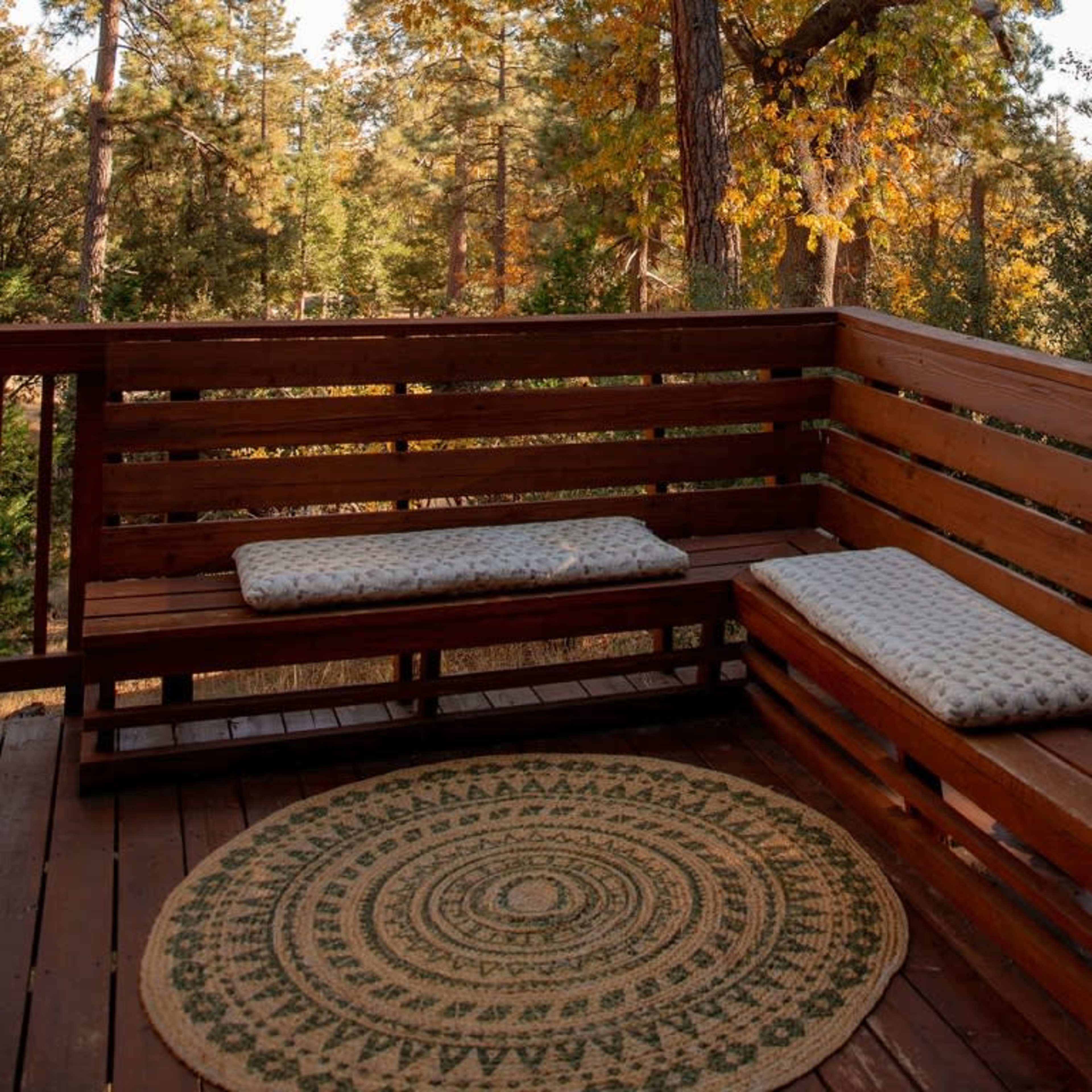 A wooden deck features a seating area with two benches and a circular rug surrounded by trees.
