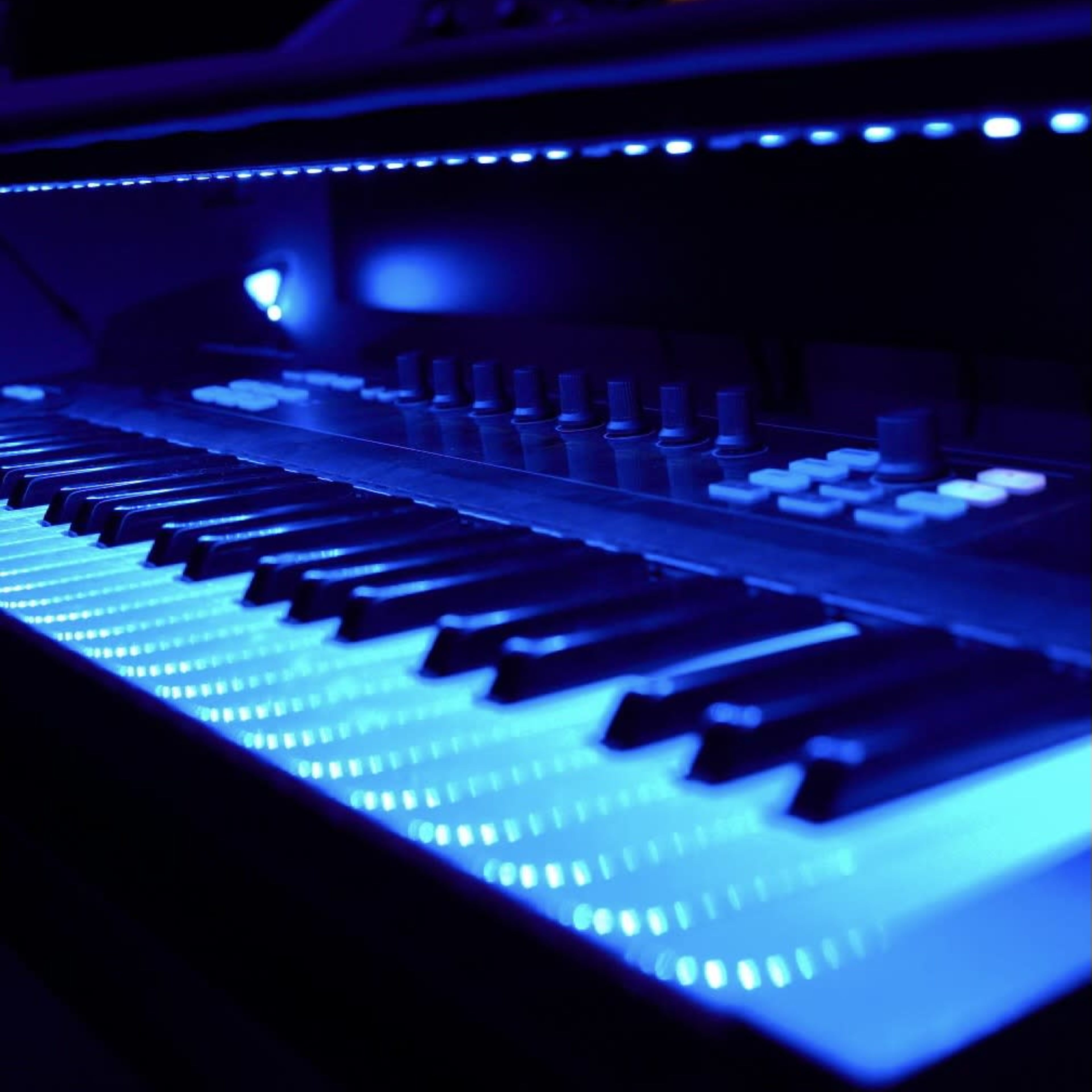 A close-up of a keyboard illuminated by blue lights.