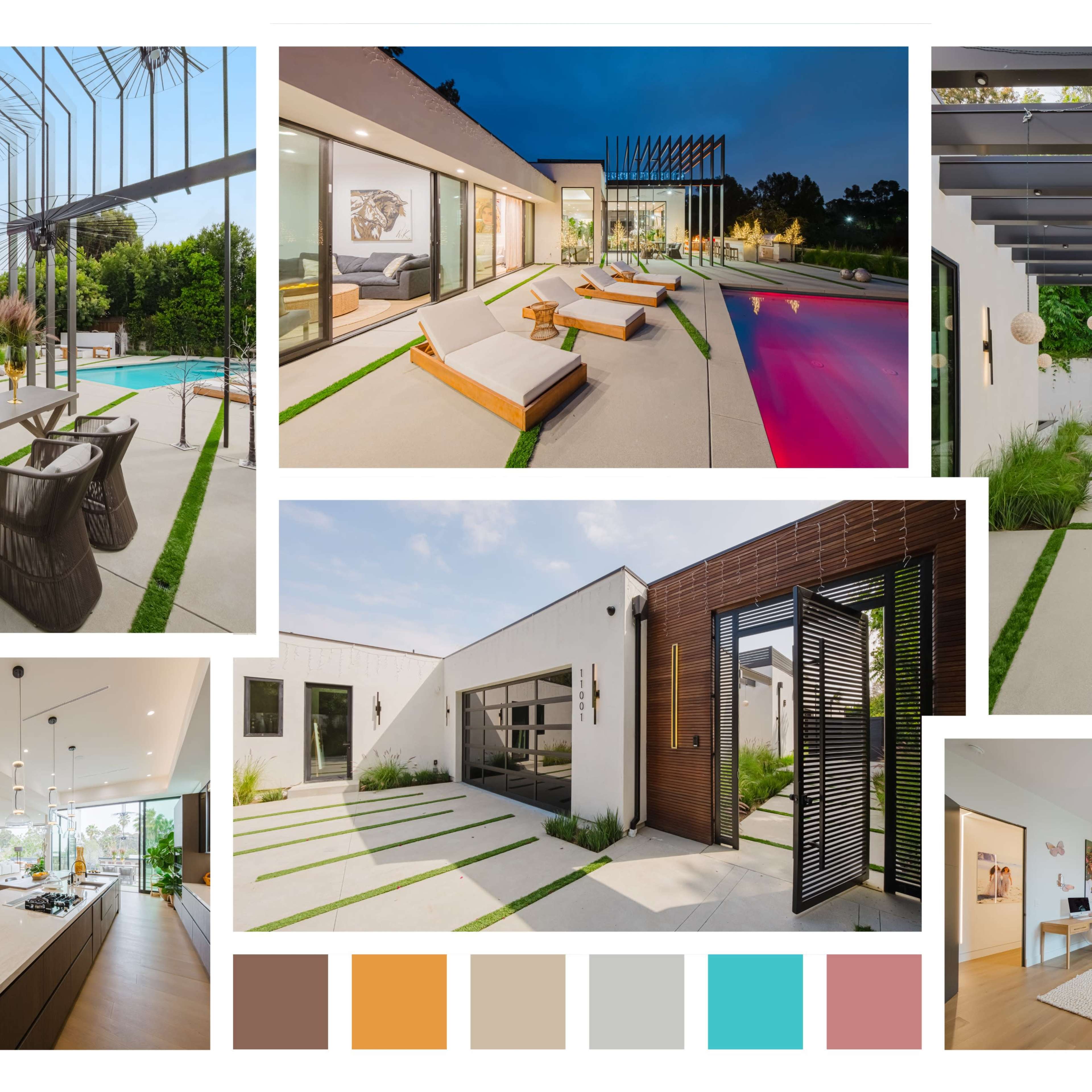 A modern outdoor and indoor living space featuring a pool, patio seating, and a stylish interior design with various seating arrangements and decorative elements.