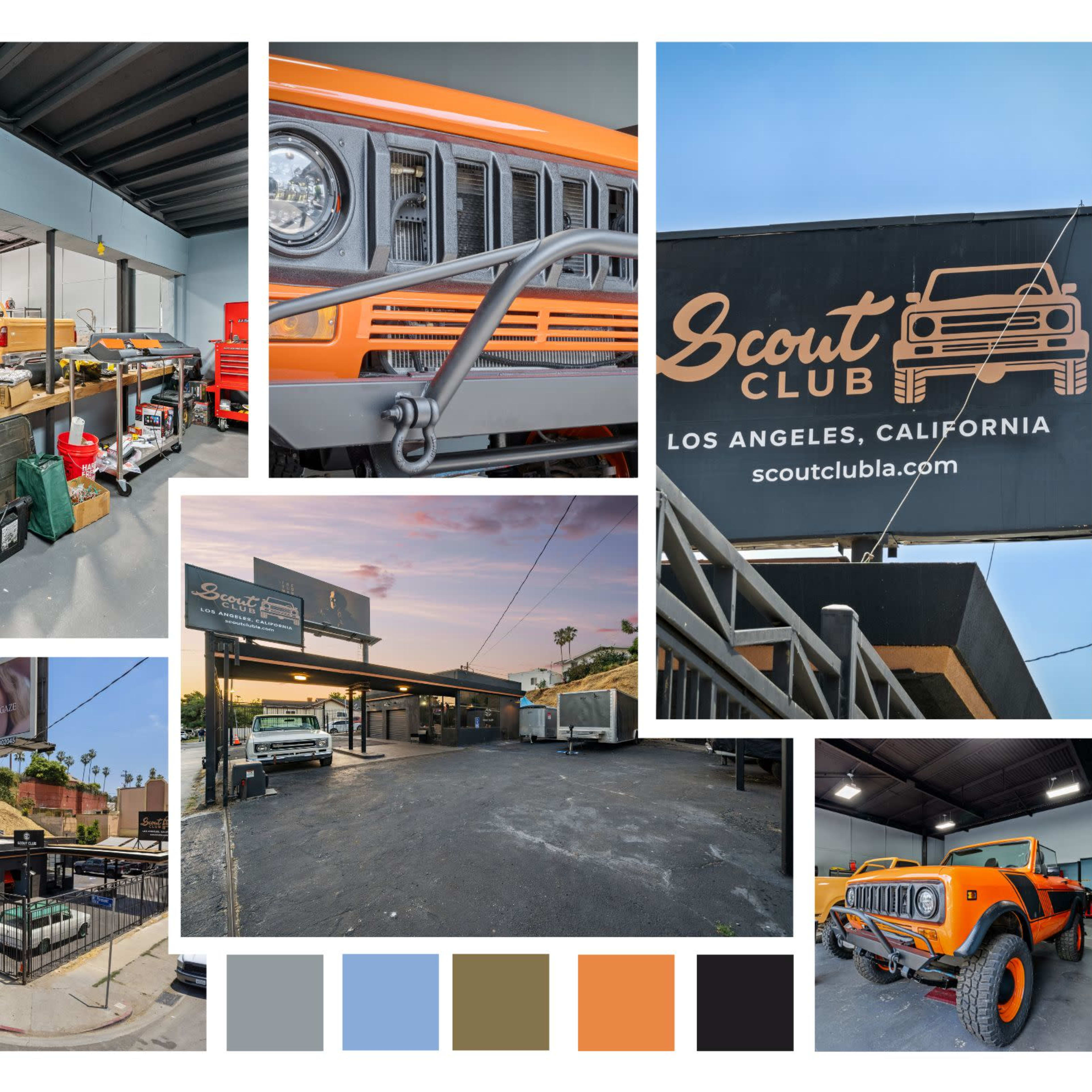 Scout Club in Los Angeles, California, featuring a well-organized workspace with an orange vehicle, a large sign, and various scenes of the club's exterior and surrounding area.