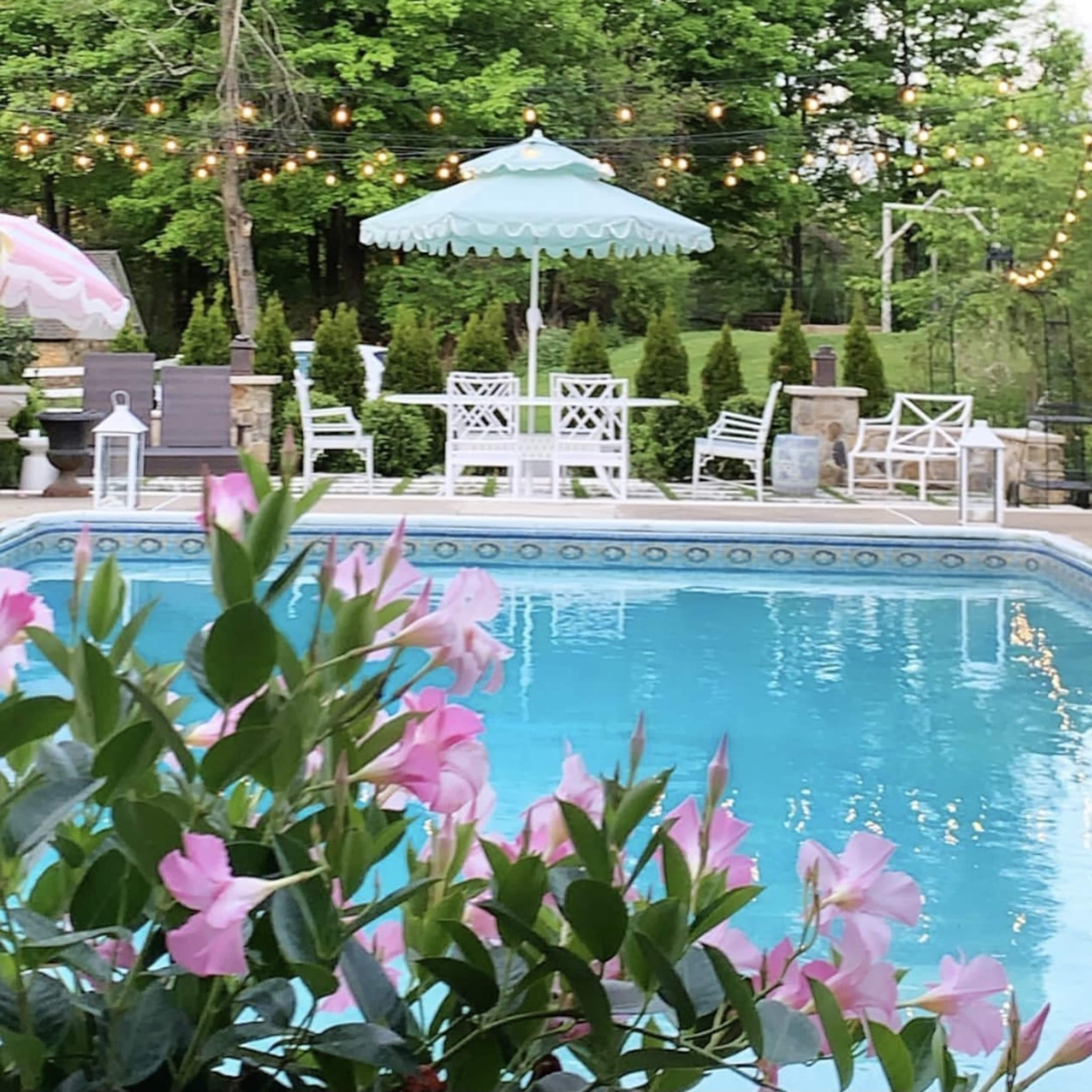 A tranquil backyard scene features a swimming pool surrounded by lounge chairs, tables, and decorative umbrellas, with blooming pink flowers in the foreground.