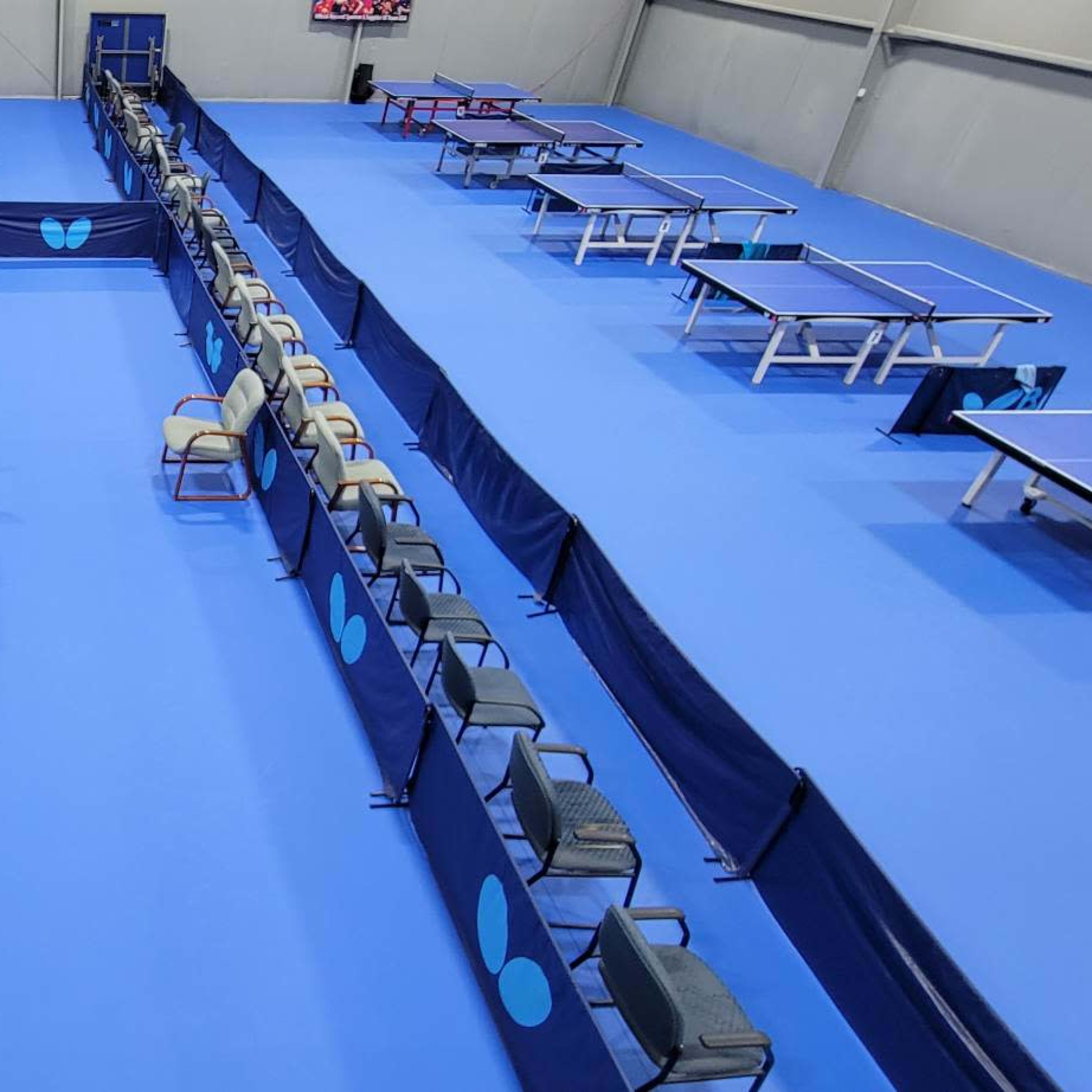 A spacious indoor table tennis facility with multiple blue tables, chairs arranged along the sides, and a wall displaying trophies.