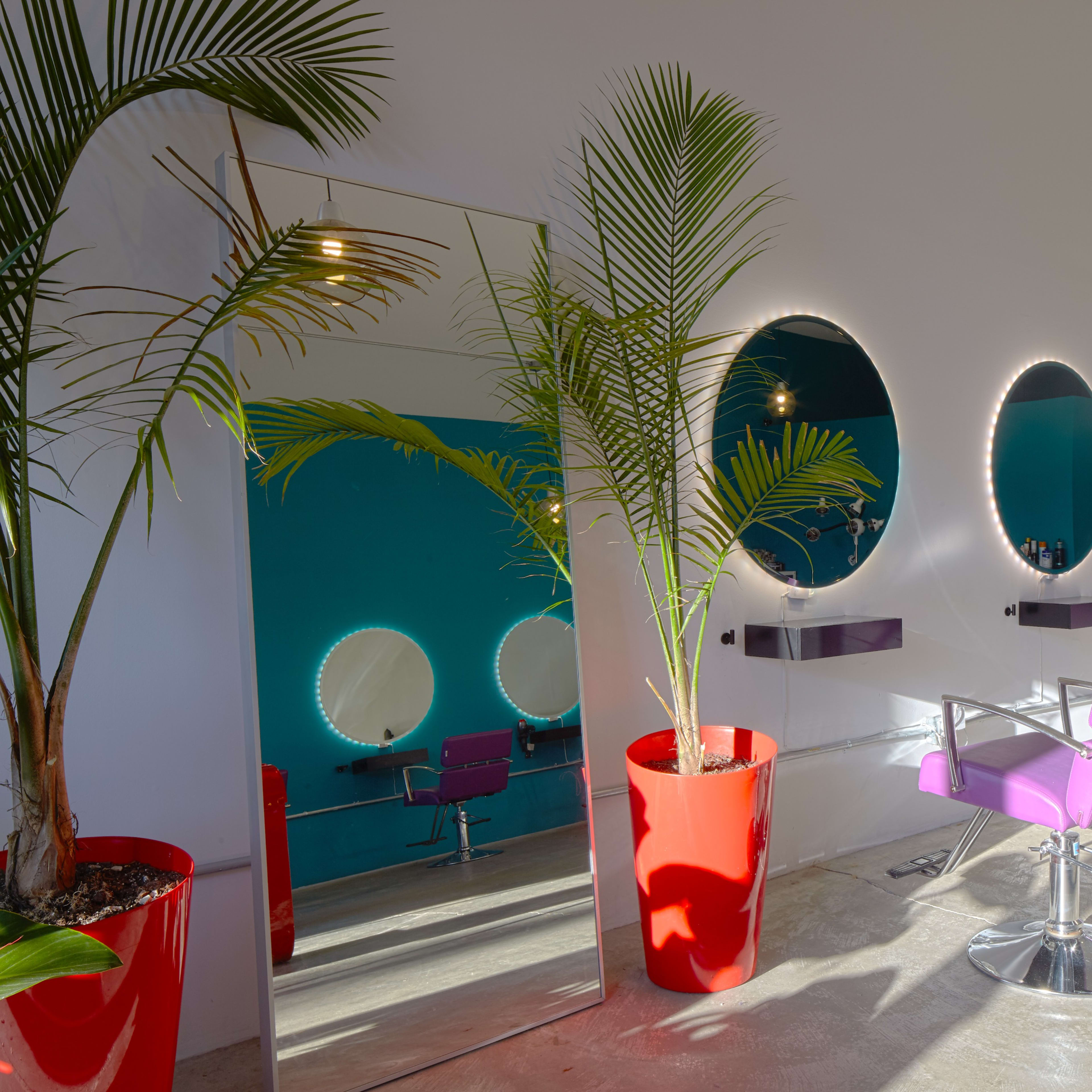 A modern hair salon features three circular mirrors with illuminated edges and purple styling chairs, complemented by potted palm plants and bright red planters.