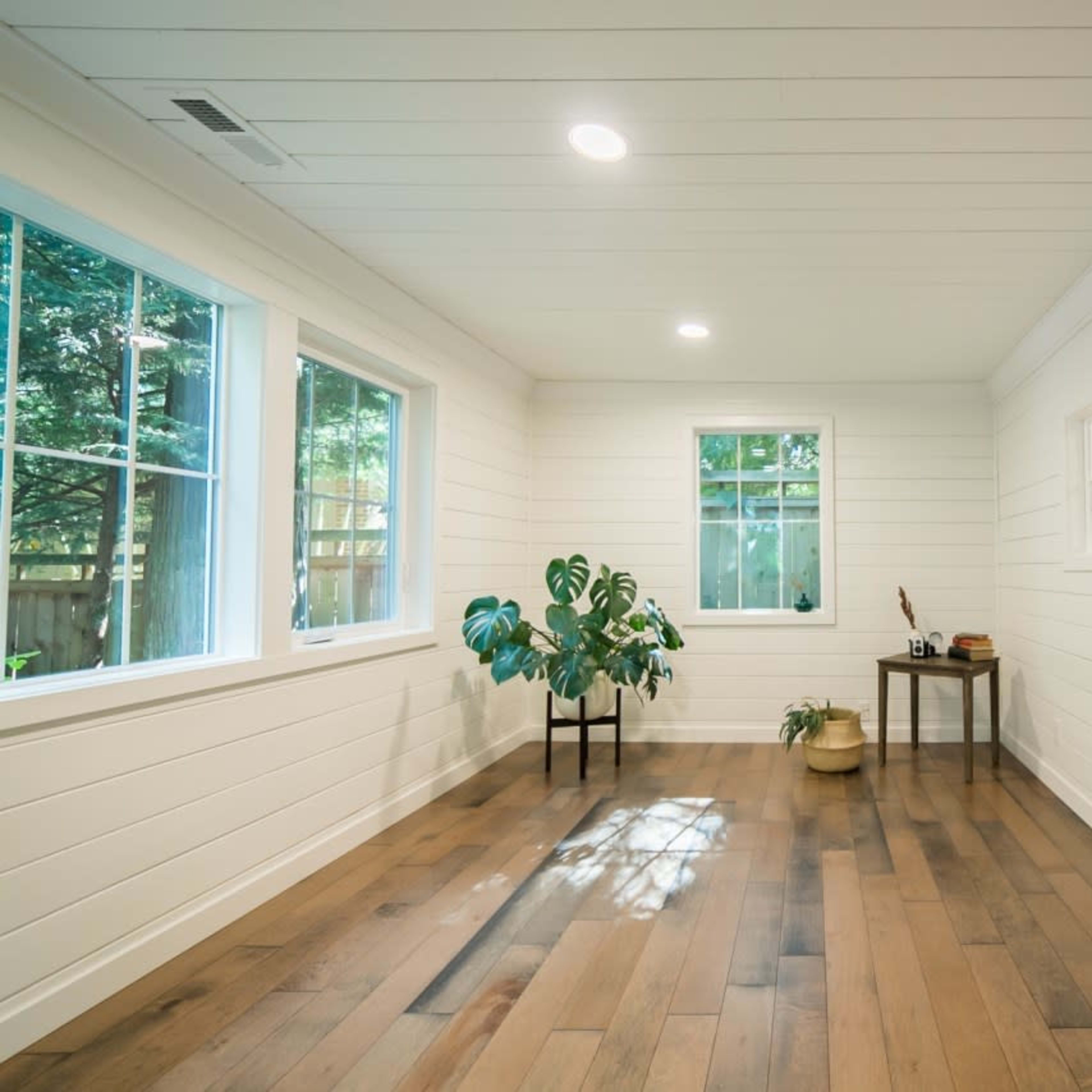 A bright, empty room with white shiplap walls and large windows, featuring hardwood floors and a small plant in the corner.