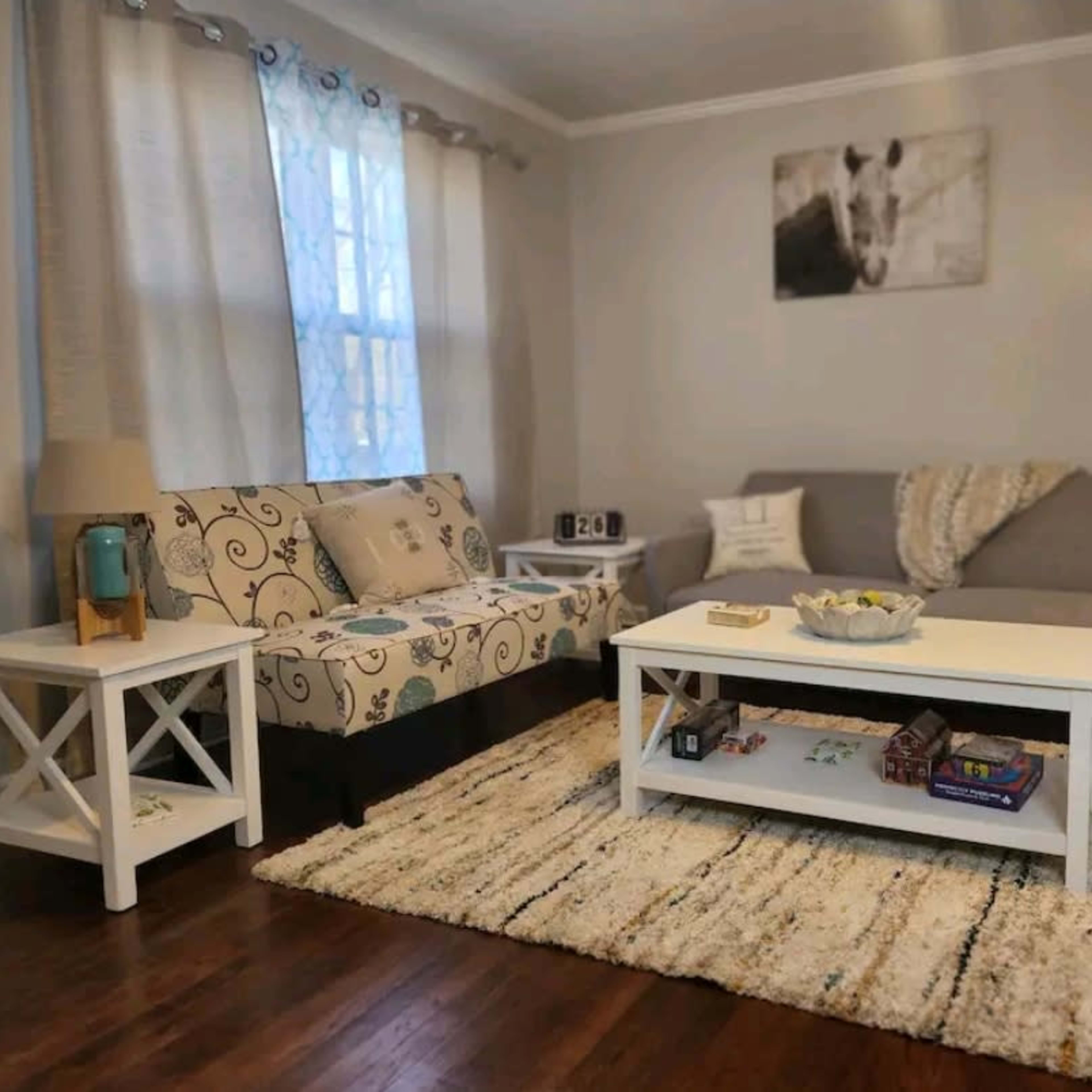 A living room with a patterned sofa, a gray couch, a white coffee table, and a large area rug on wooden flooring.