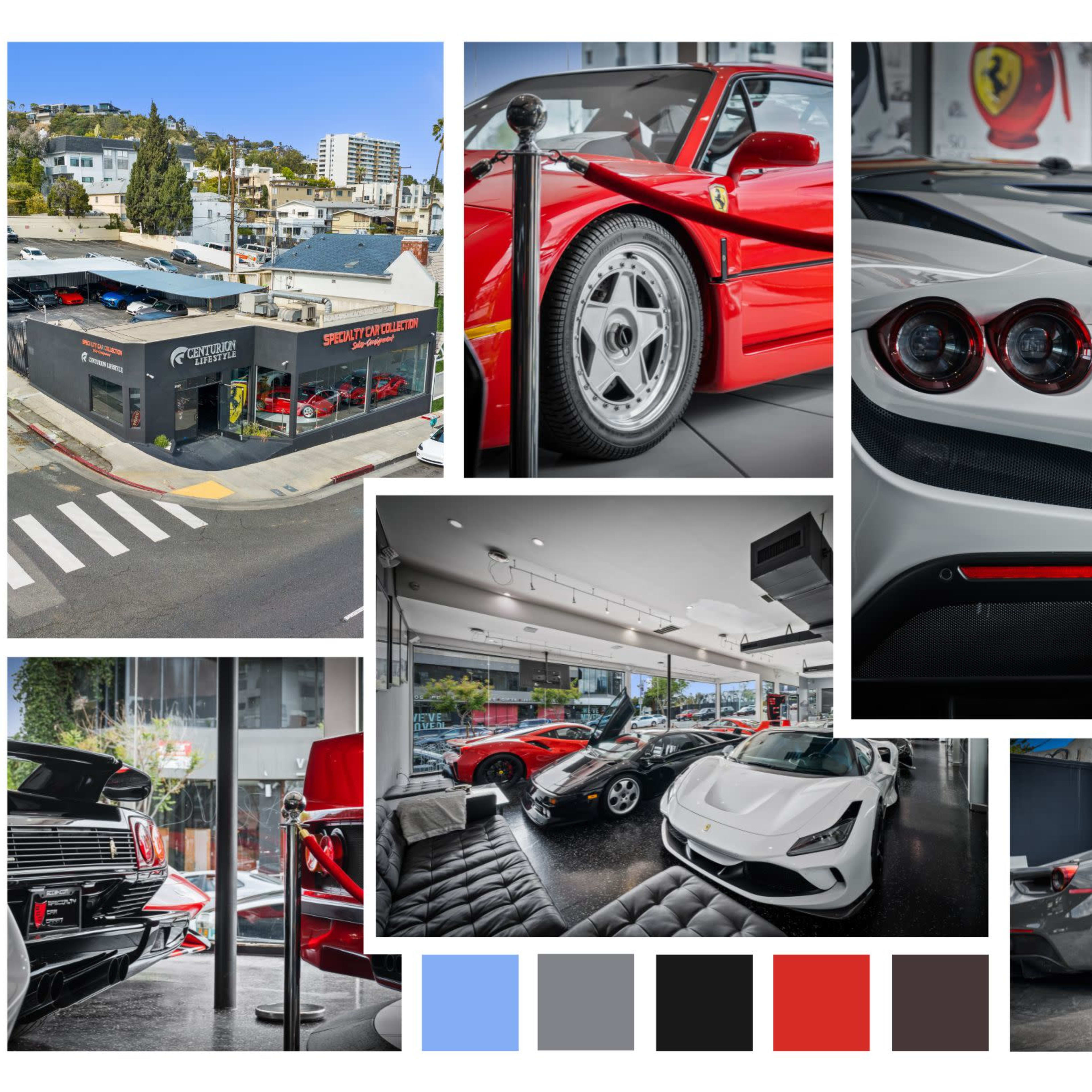 A collage of luxury sports cars in a showroom setting, featuring a red Ferrari and a sleek white car, alongside views of the exterior of a car dealership.