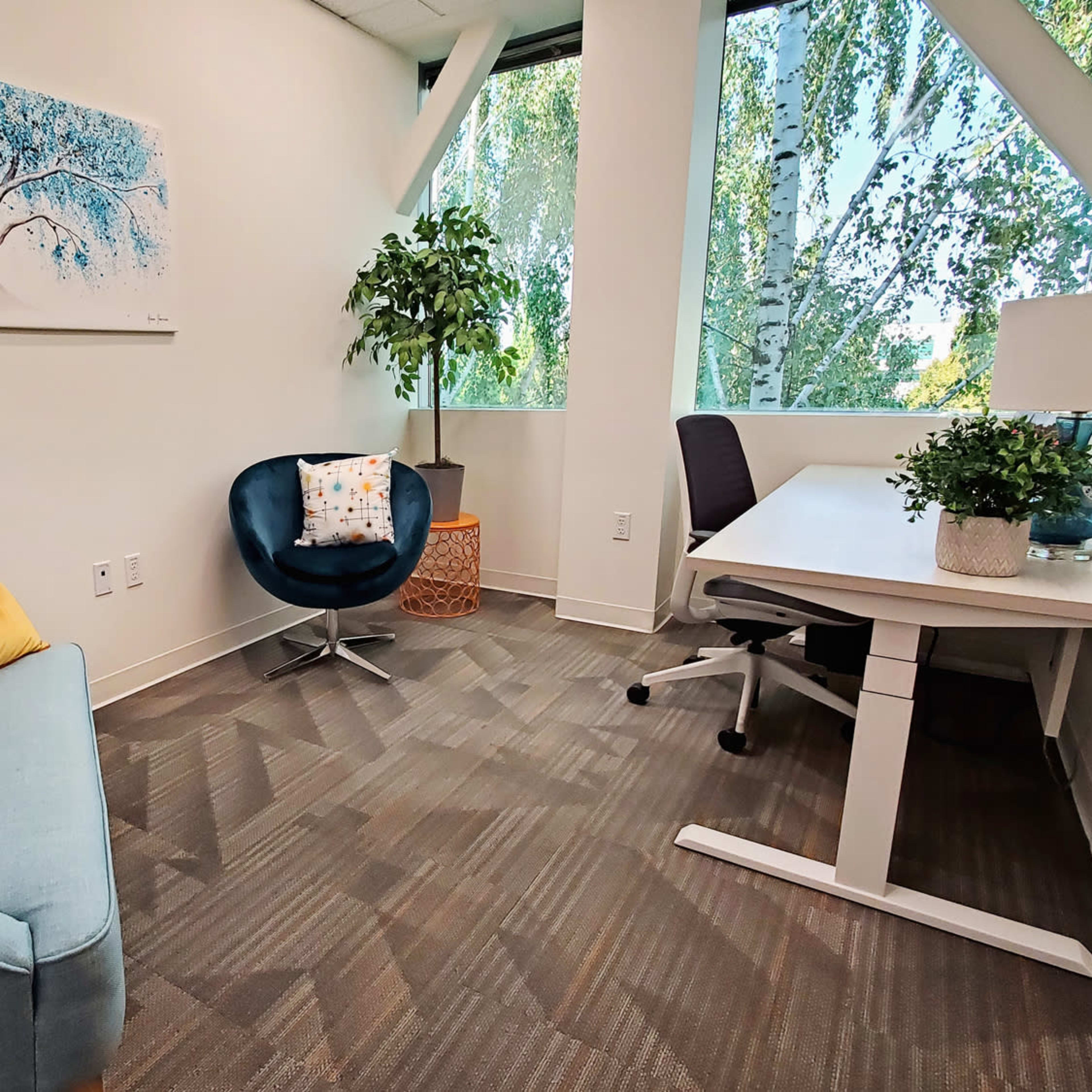 A well-lit office space featuring a blue sofa with yellow accent pillows, a round chair, a desk with a plant, and a large window displaying greenery outside.