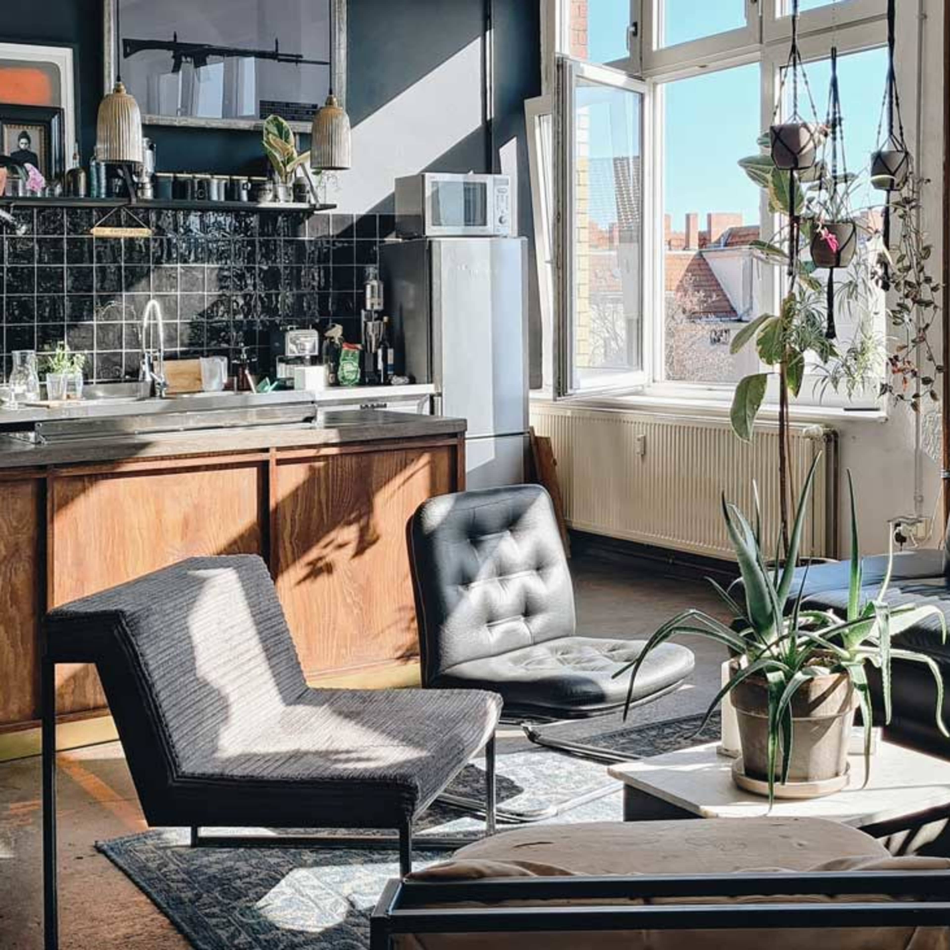 A modern living room with a kitchen area, featuring a black leather couch, various plants, and large windows allowing natural light to enter.