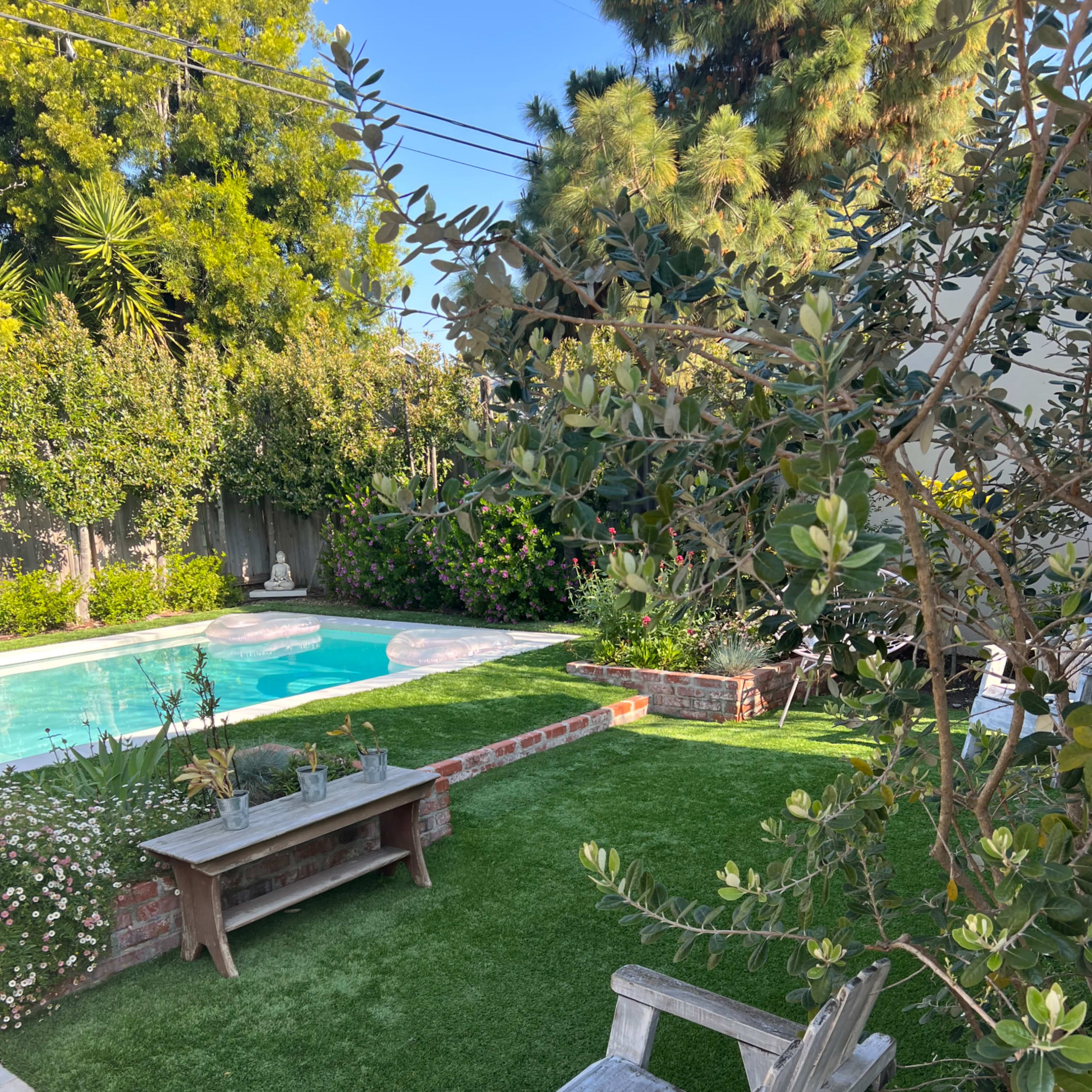 A backyard features a swimming pool surrounded by greenery, with a wooden chair and potted plants in the foreground.