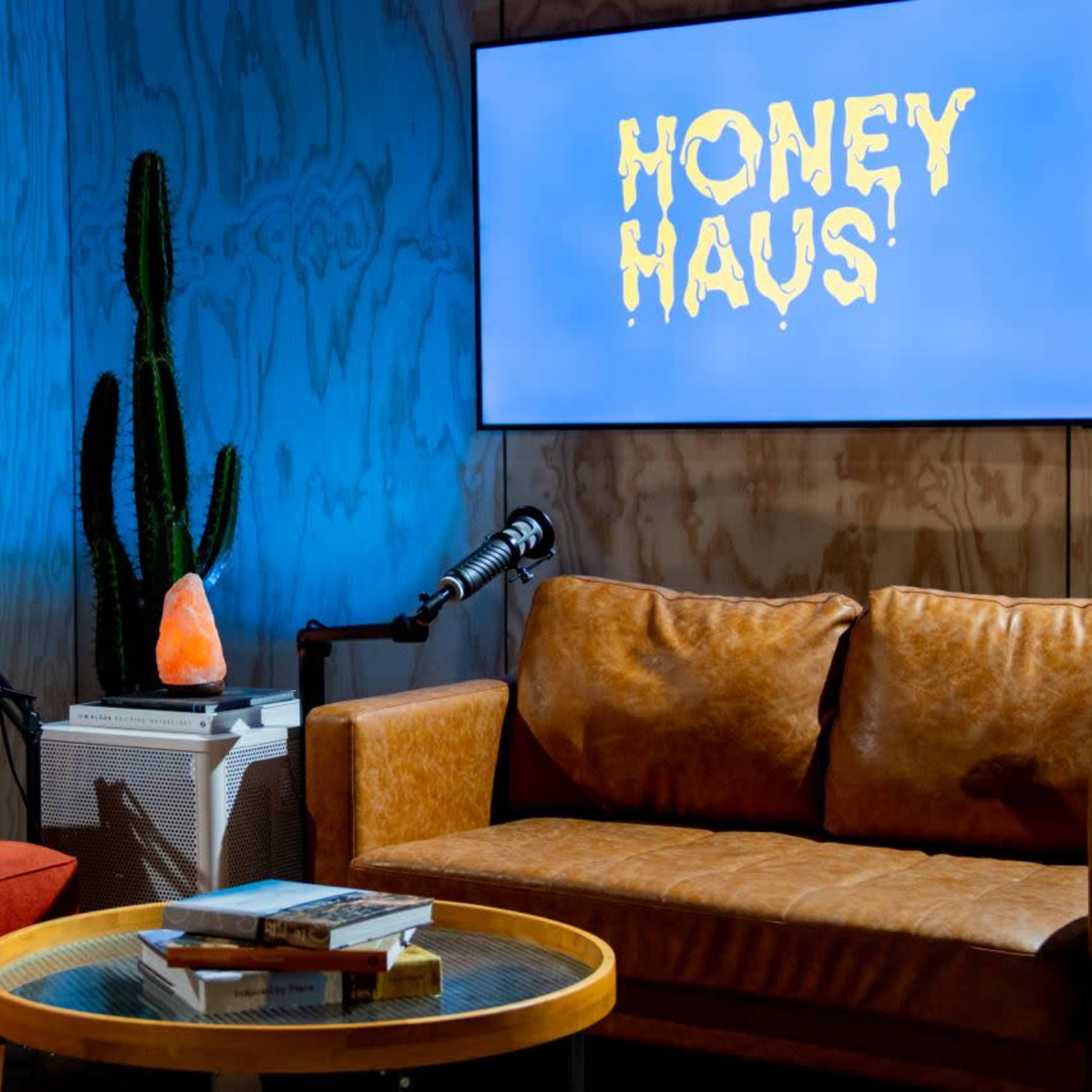 A modern lounge area with a red couch, a brown leather couch, a coffee table, a large screen displaying "MONEY HAUS," and a decorative cactus.