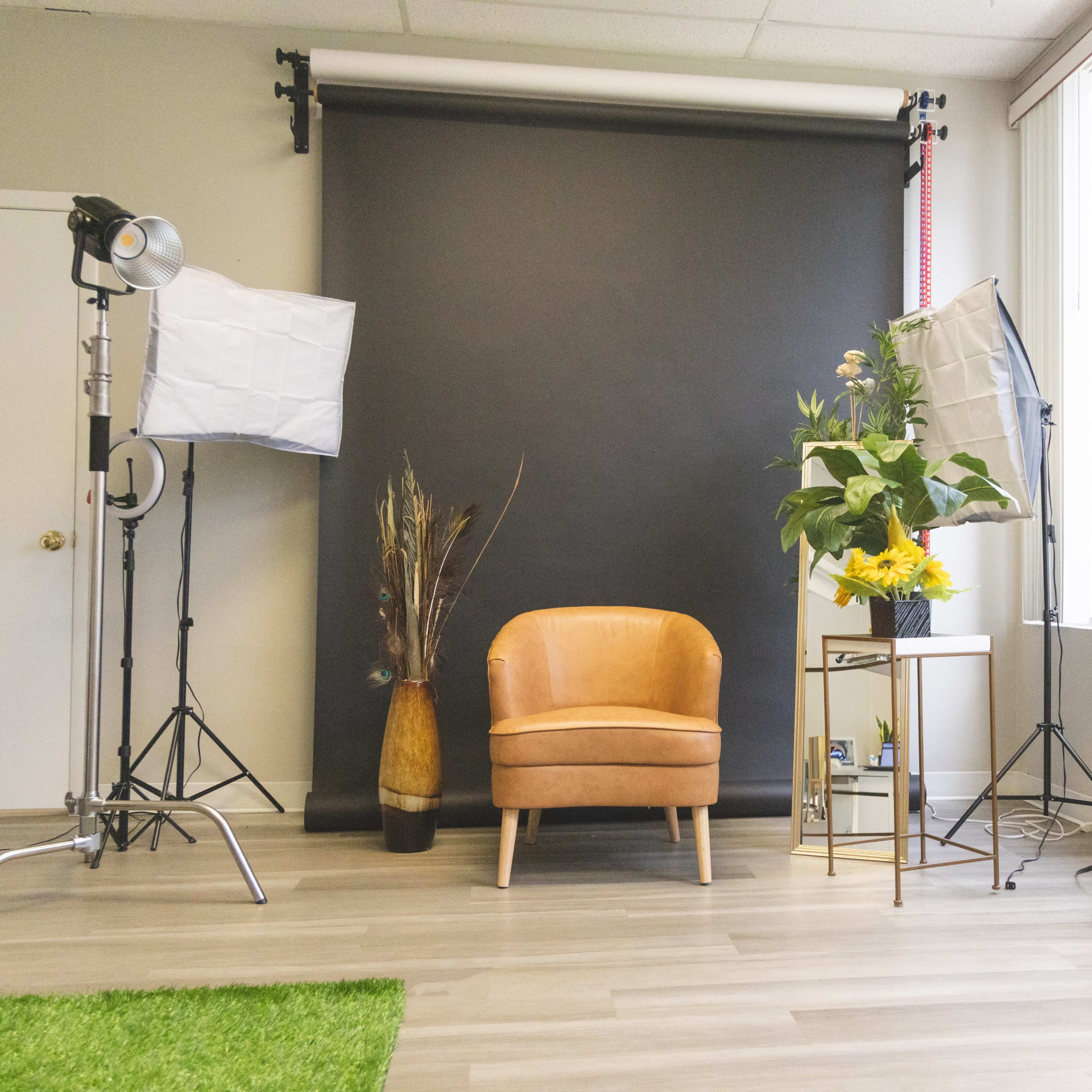 A photography studio setup featuring a brown chair, a black backdrop, softbox lights, a decorative plant, and a lamp.