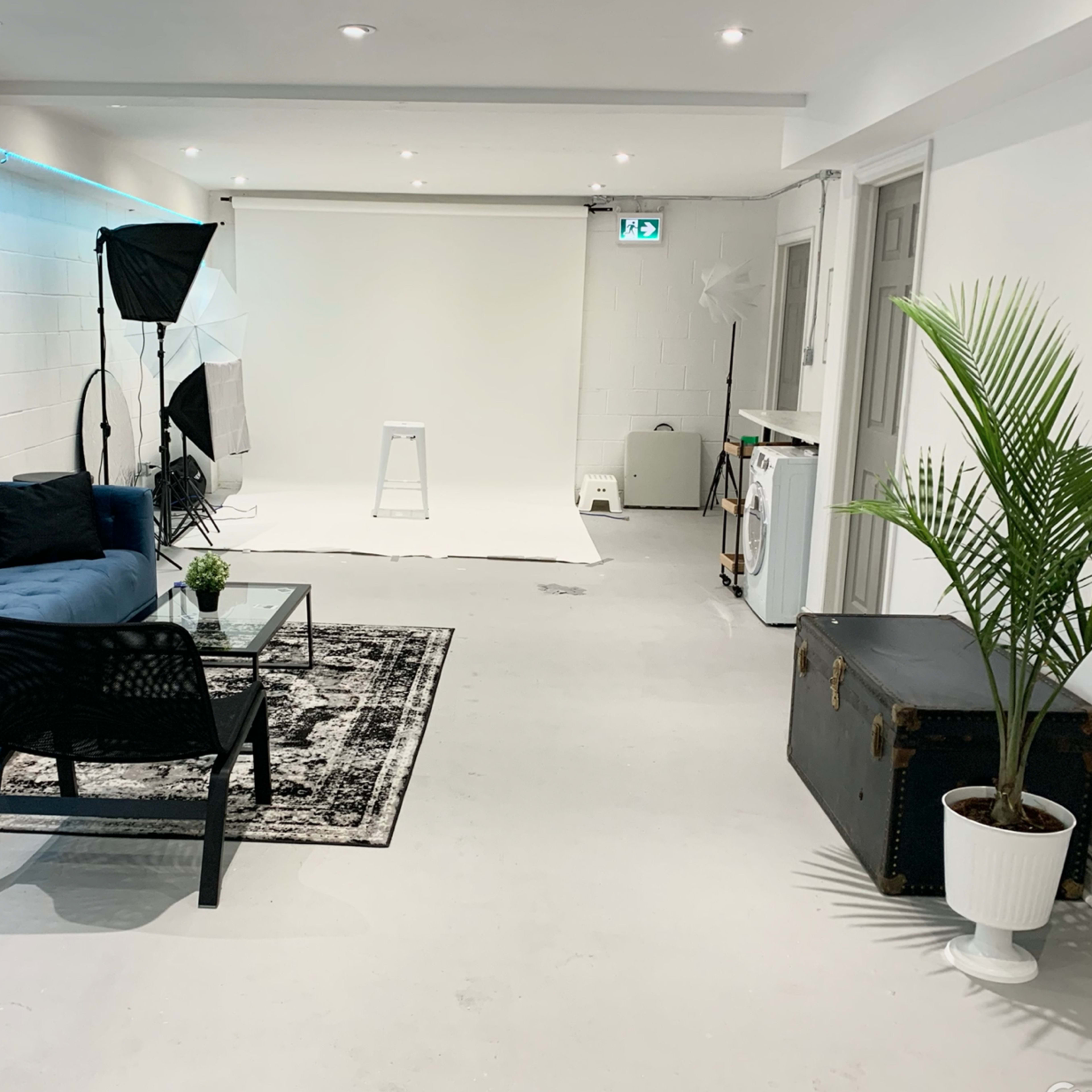 A well-lit studio space featuring a blue couch, a coffee table, a potted plant, and photography equipment set against a white backdrop.