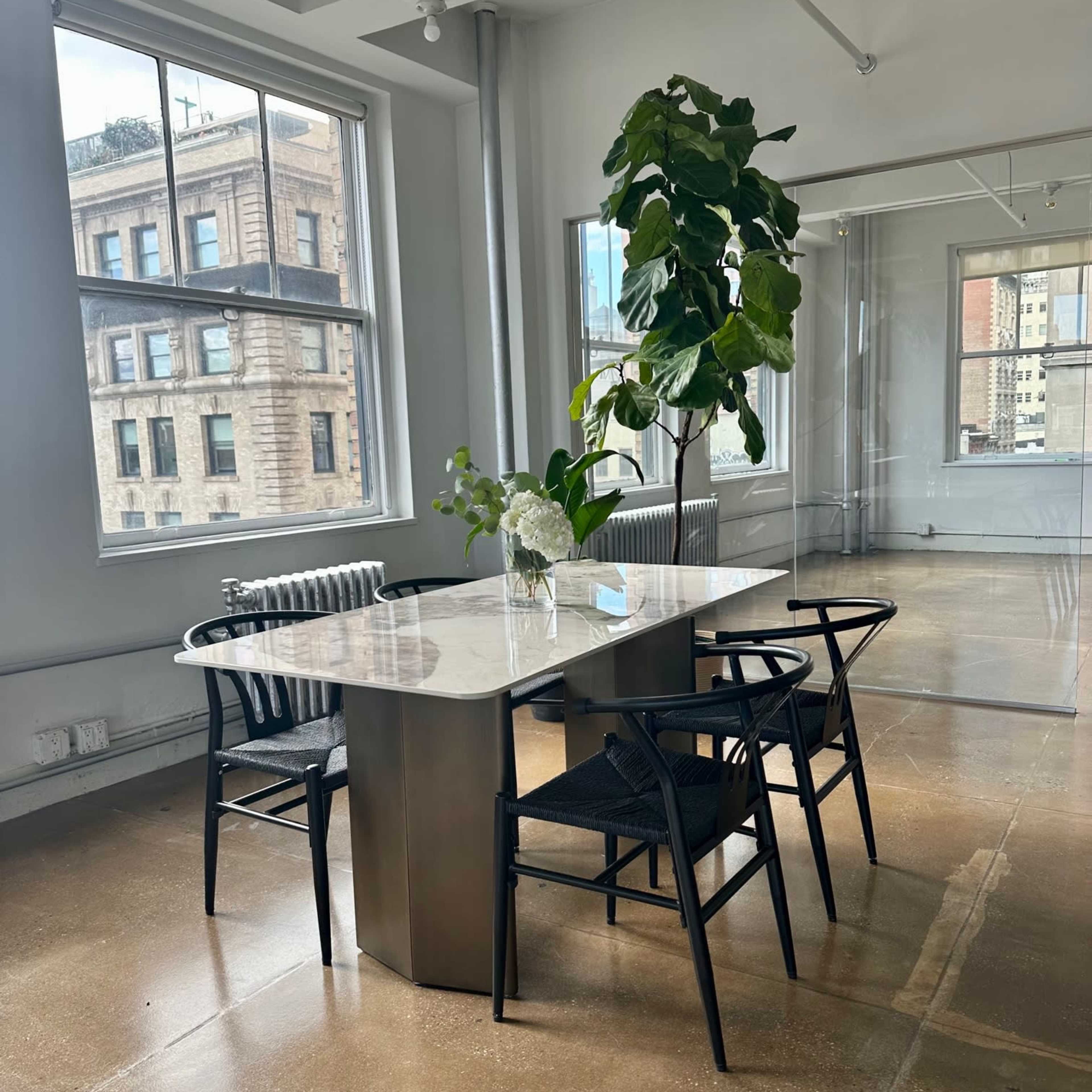 A modern dining area features a marble table surrounded by black chairs and a large potted plant near the window.