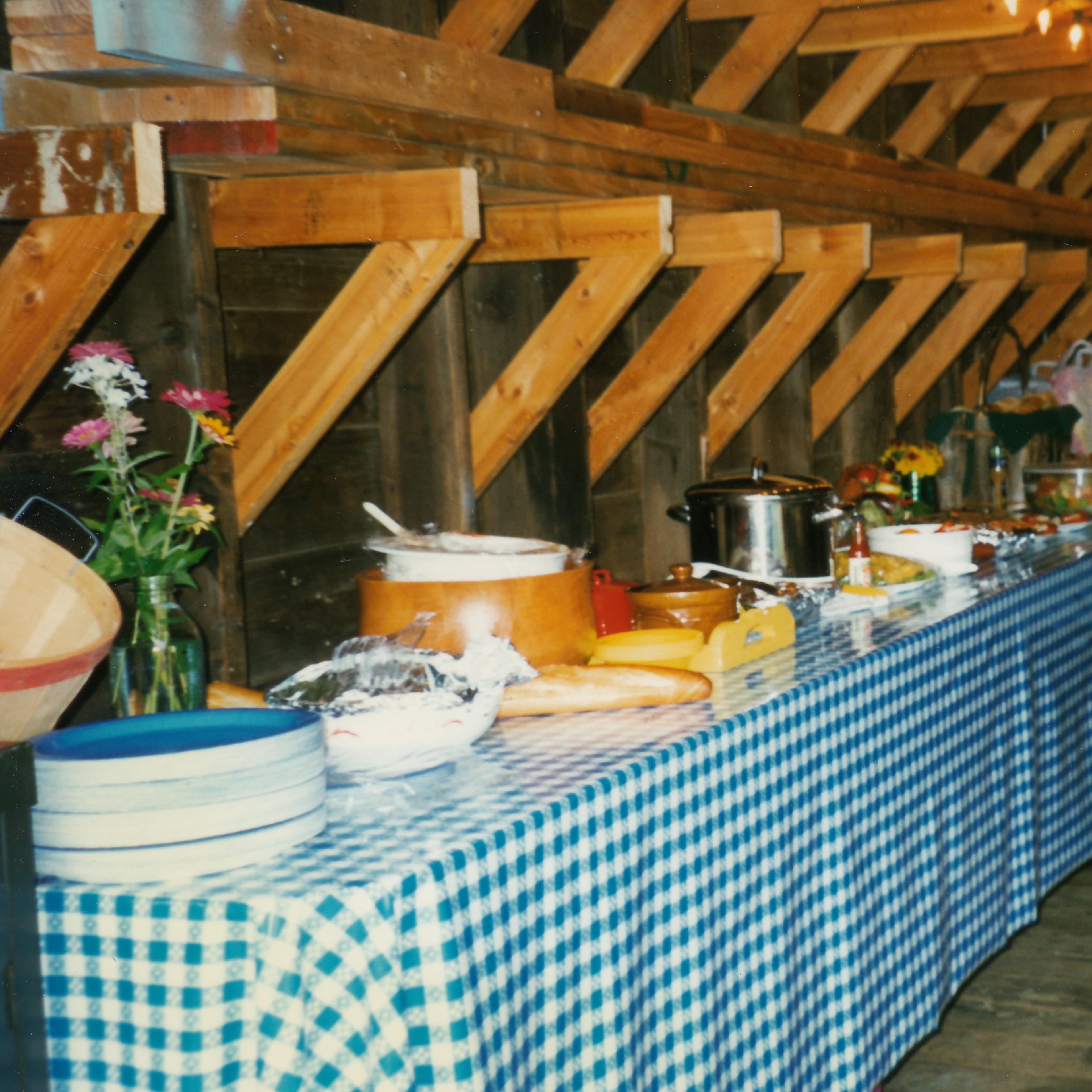 A long table covered with a blue and white checkered cloth displays various food dishes and decorative flowers in a rustic setting.