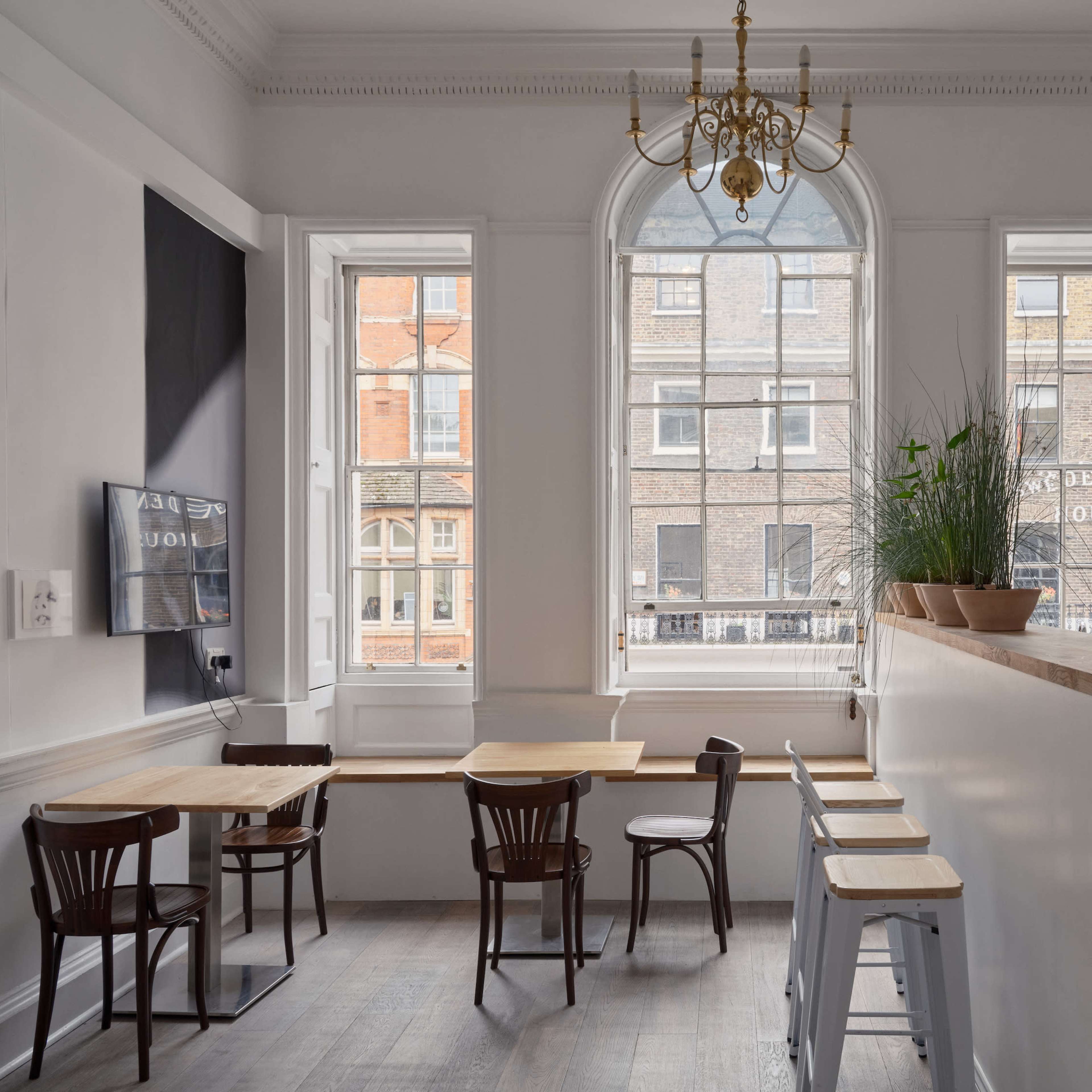 A modern cafe interior with wooden tables and stools, large windows allowing natural light, and a plant on the counter.