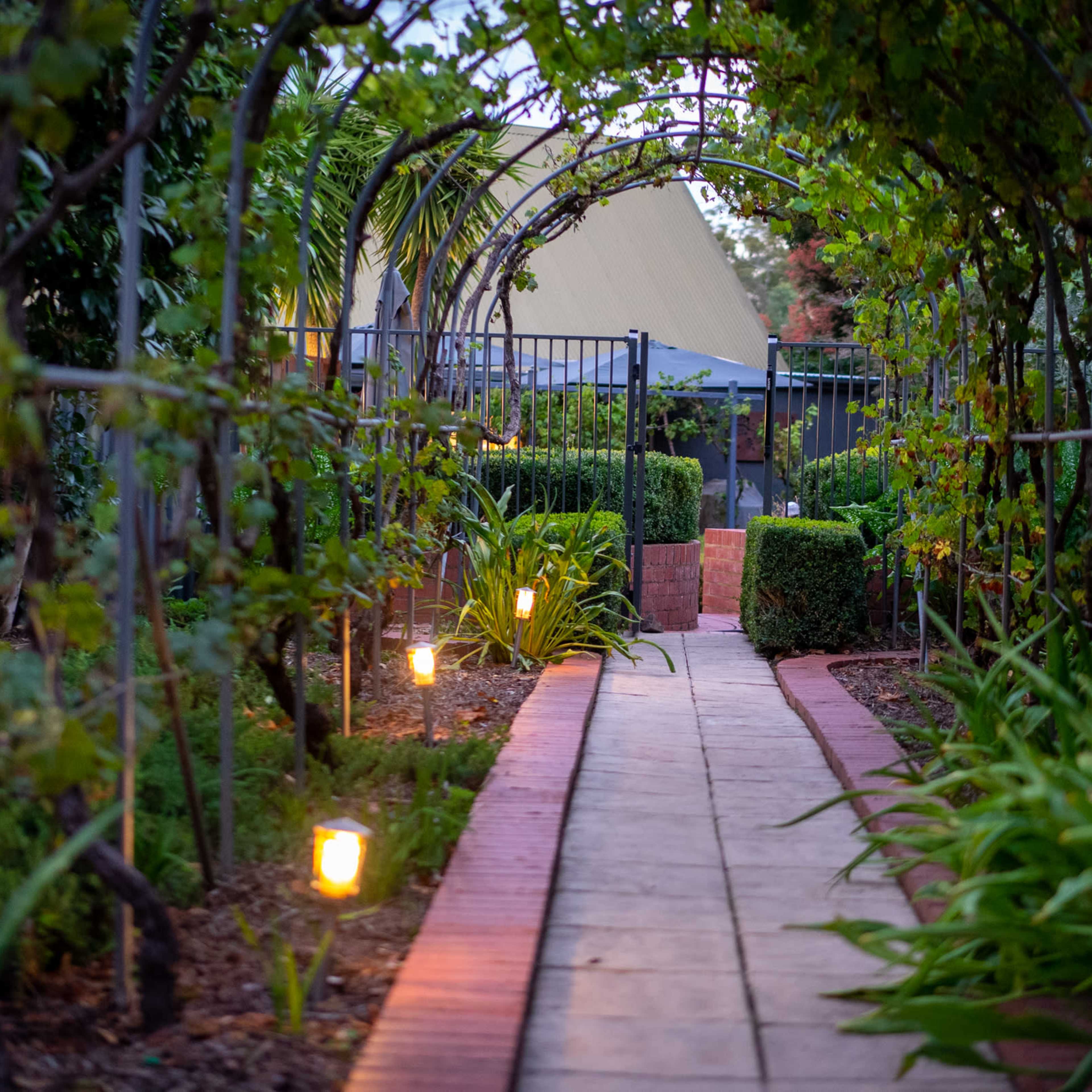 A stone pathway lined with greenery leads through an archway covered in vines, illuminated by soft garden lights.