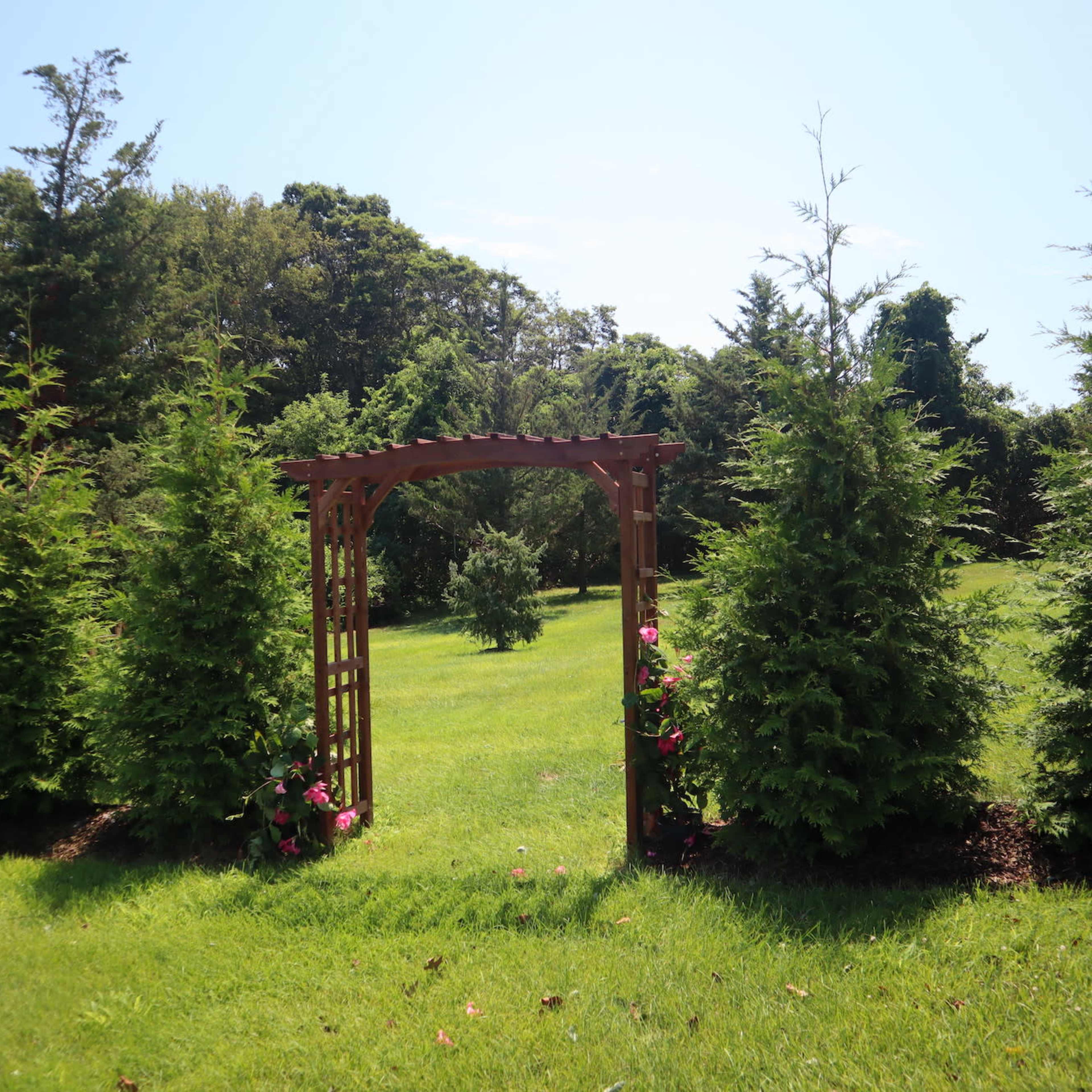 A wooden arbor stands at the entrance to a grassy area surrounded by tall evergreen trees.