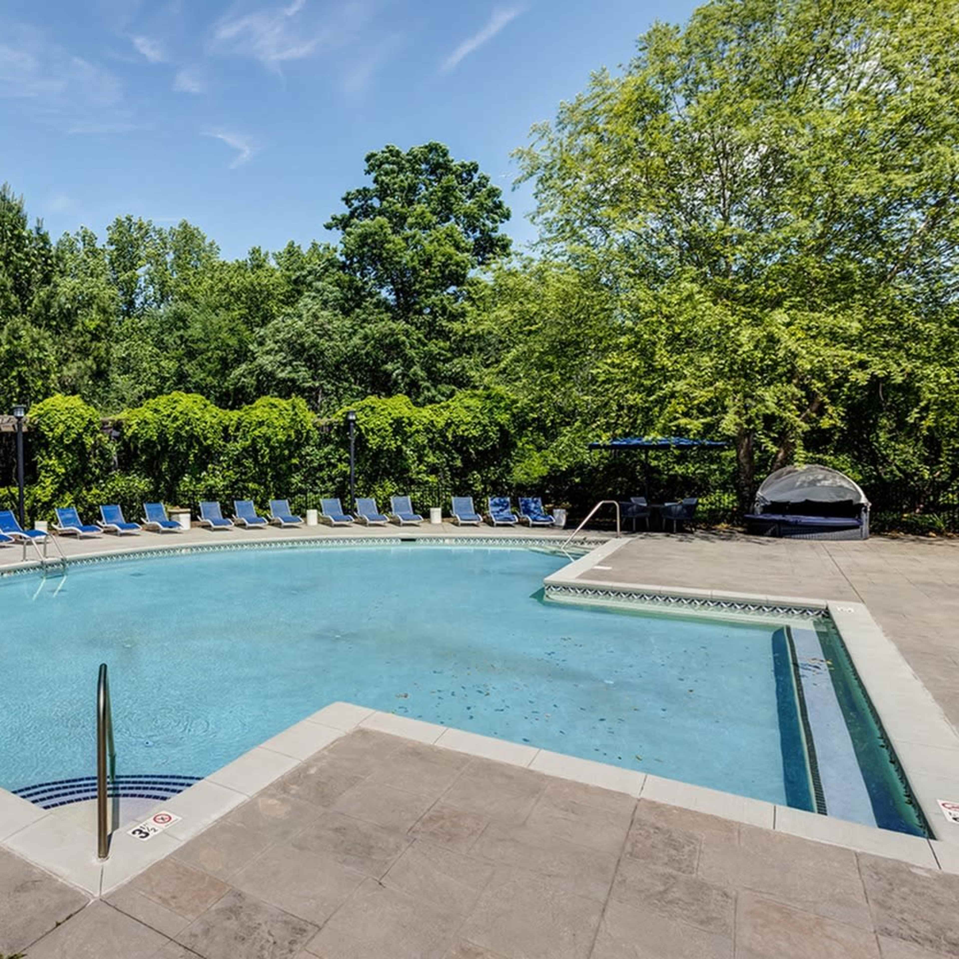 A swimming pool surrounded by lounge chairs and greenery under a clear blue sky.