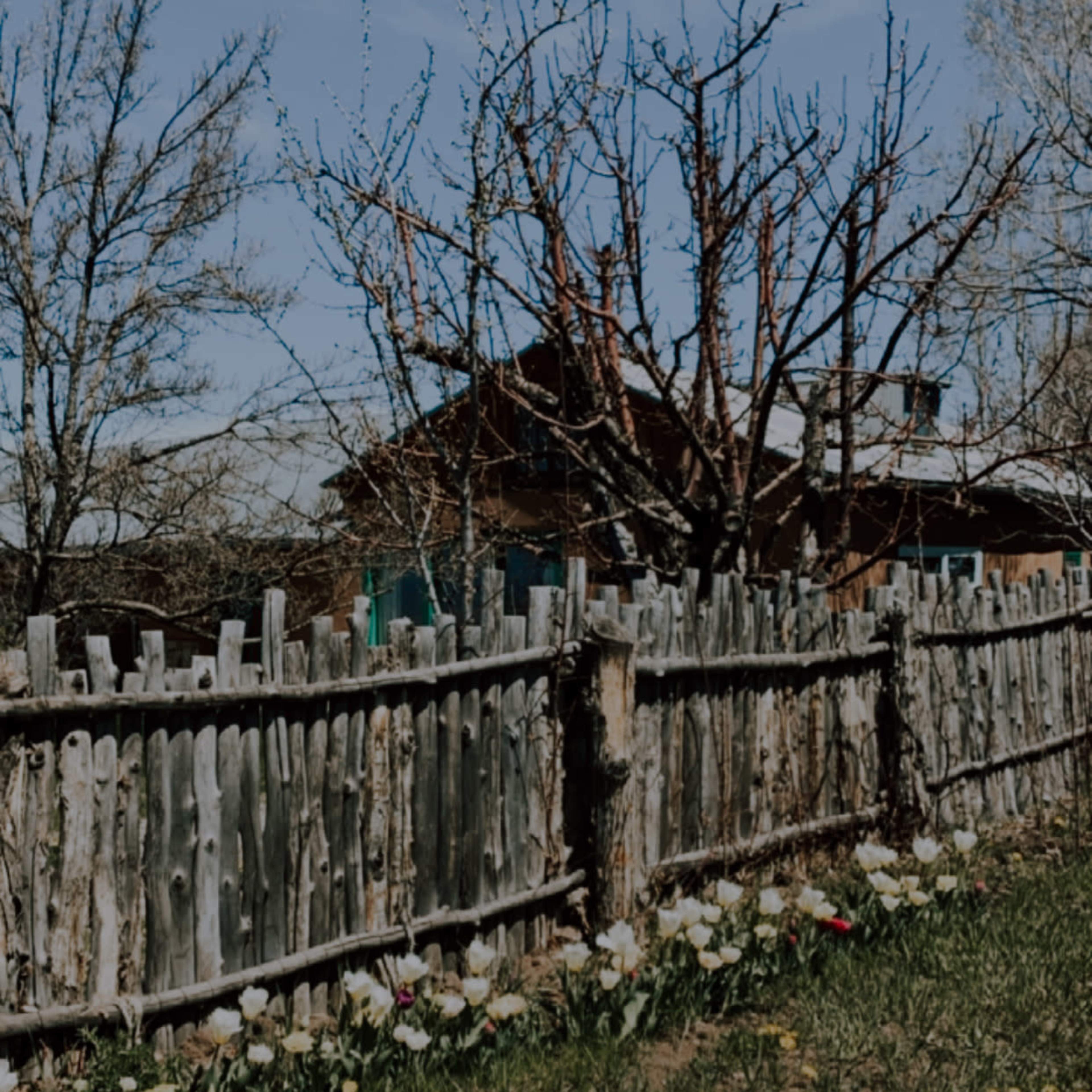 A wooden fence lines a grassy area with blooming flowers in front of a house surrounded by trees.