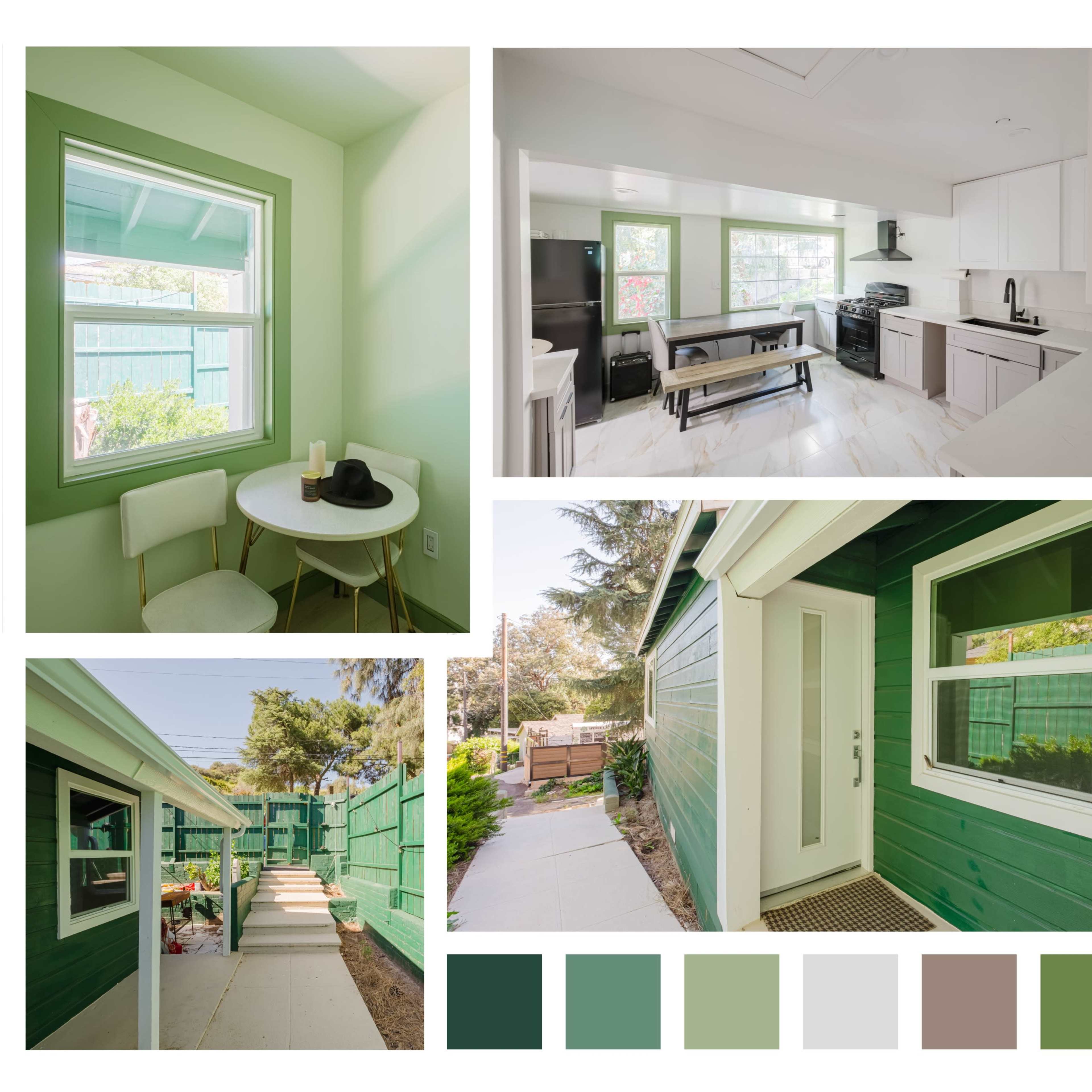 The collage features various views of a green-themed home, including a kitchen, dining area, exterior shots, and a bedroom.