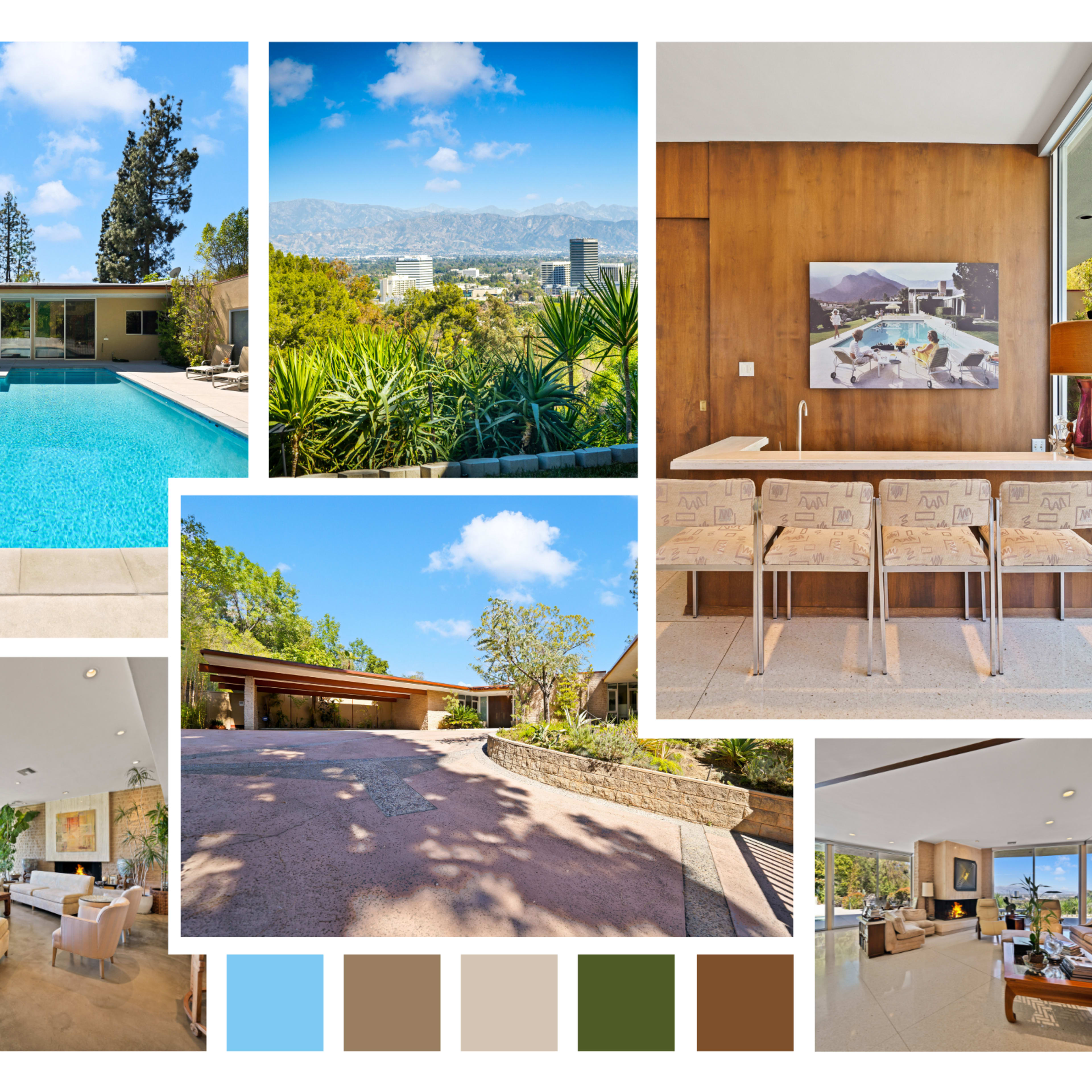 A modern home with a pool, scenic views of the city, and stylish interior and exterior decor.