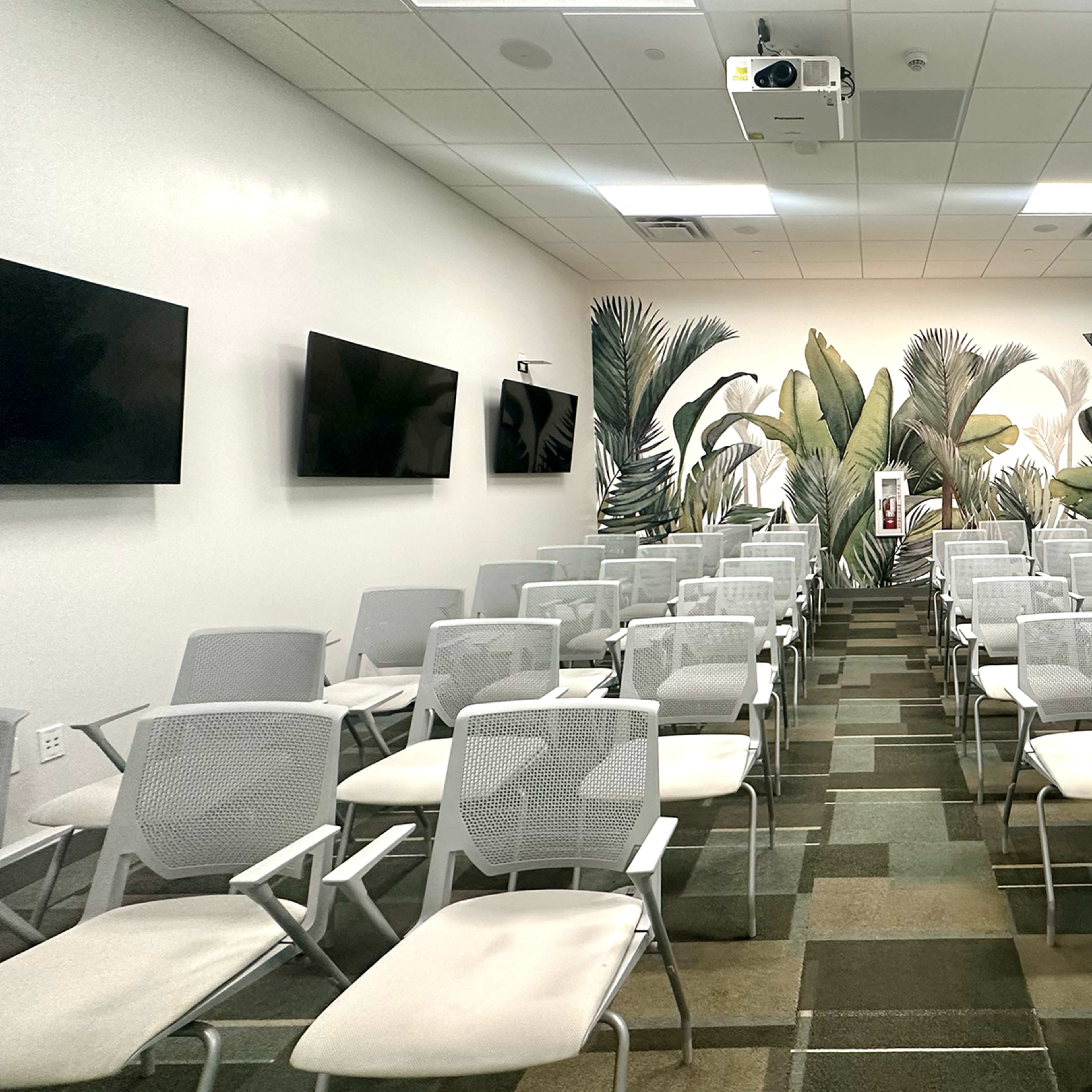 A conference room with rows of white chairs facing a projector and two wall-mounted screens, adorned with a large mural of tropical plants in the background.