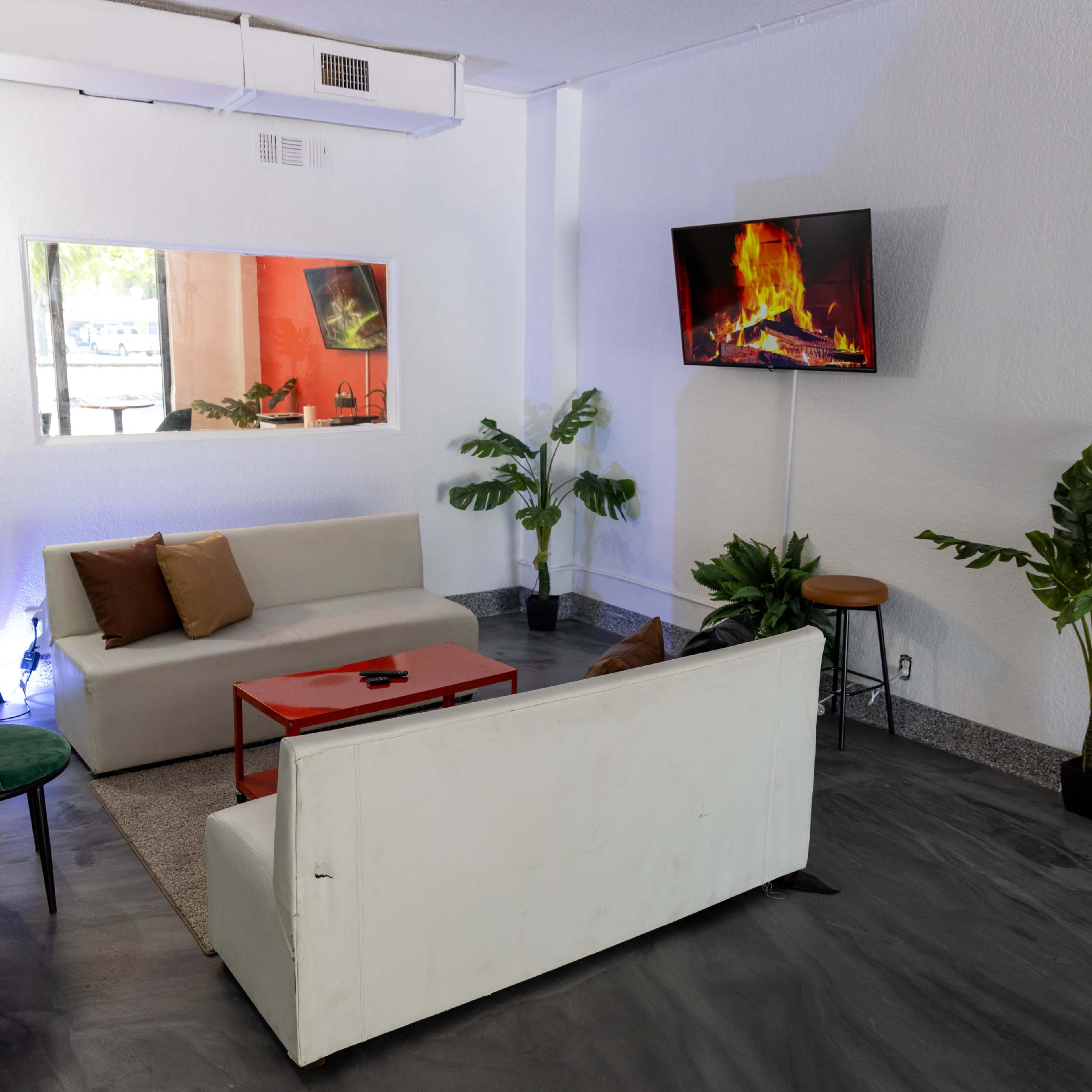 A modern living room features a neutral sofa, a red coffee table, a television displaying a fireplace, and potted plants.