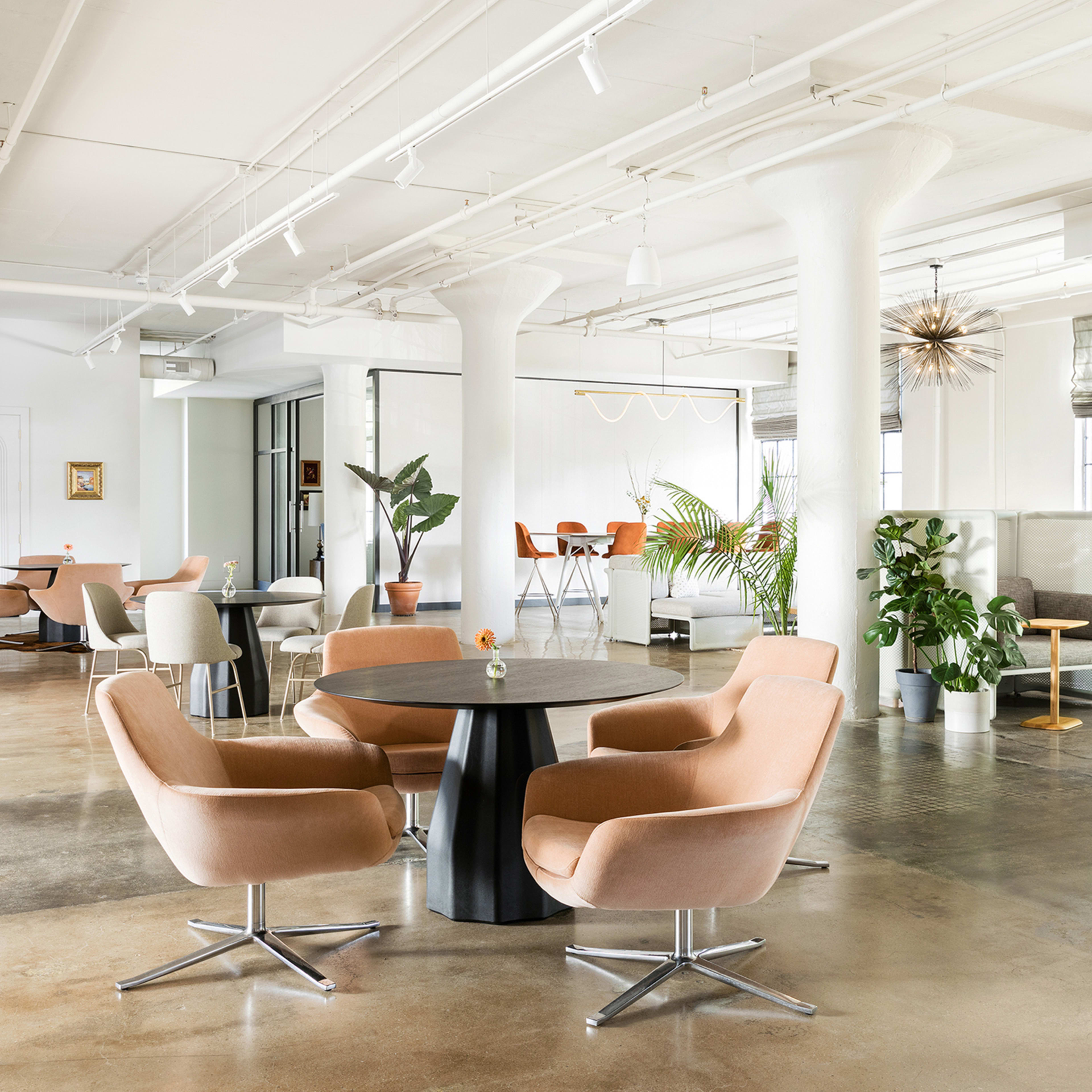 A modern office space featuring a variety of seating areas, plants, and large windows.