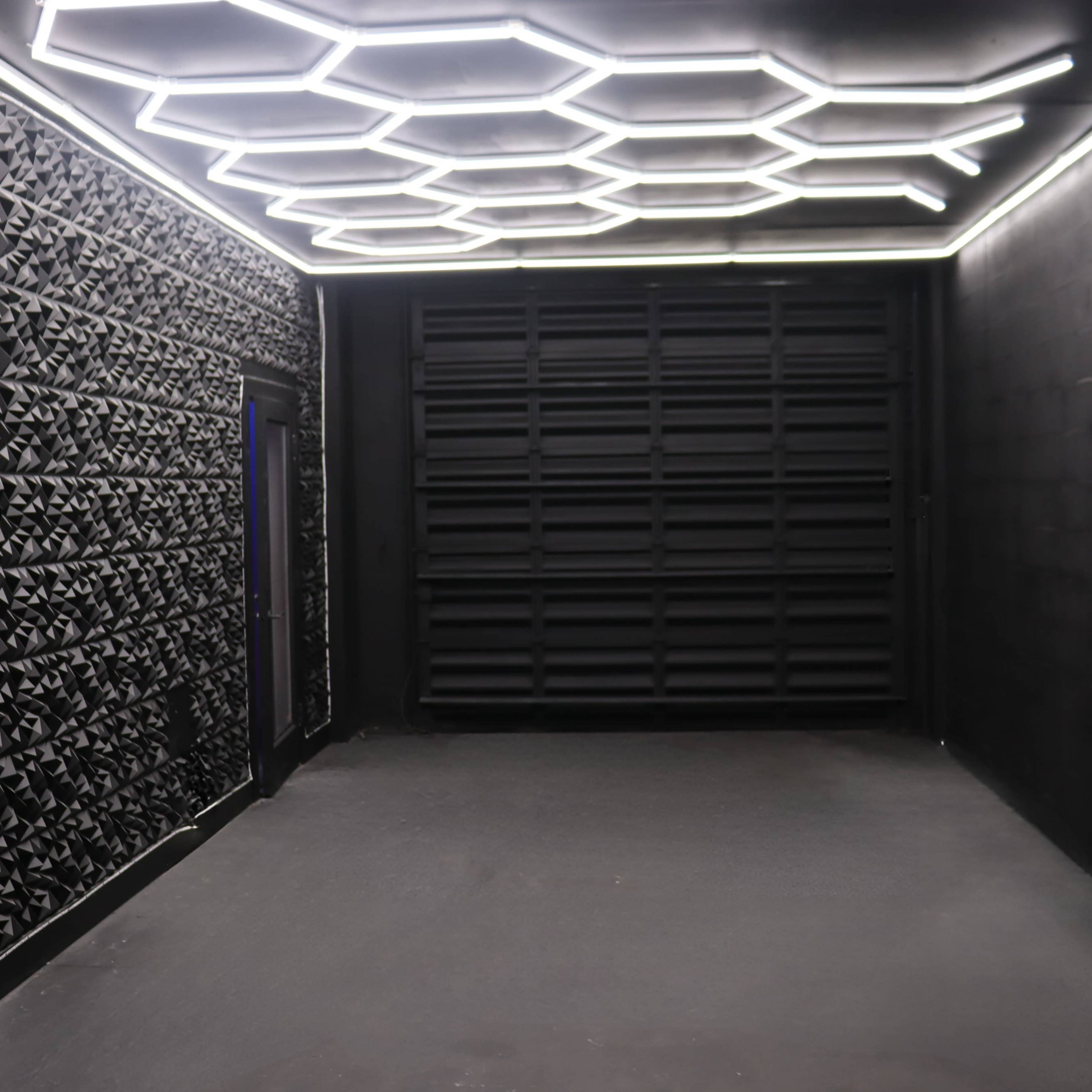 A dark room with textured black walls, a honeycomb-patterned ceiling light, and a garage-style door.
